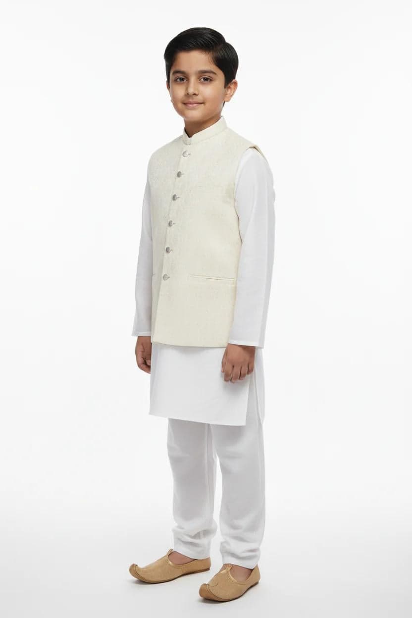 Boys Cream Royal Diamond Design Jamawar Waistcoat