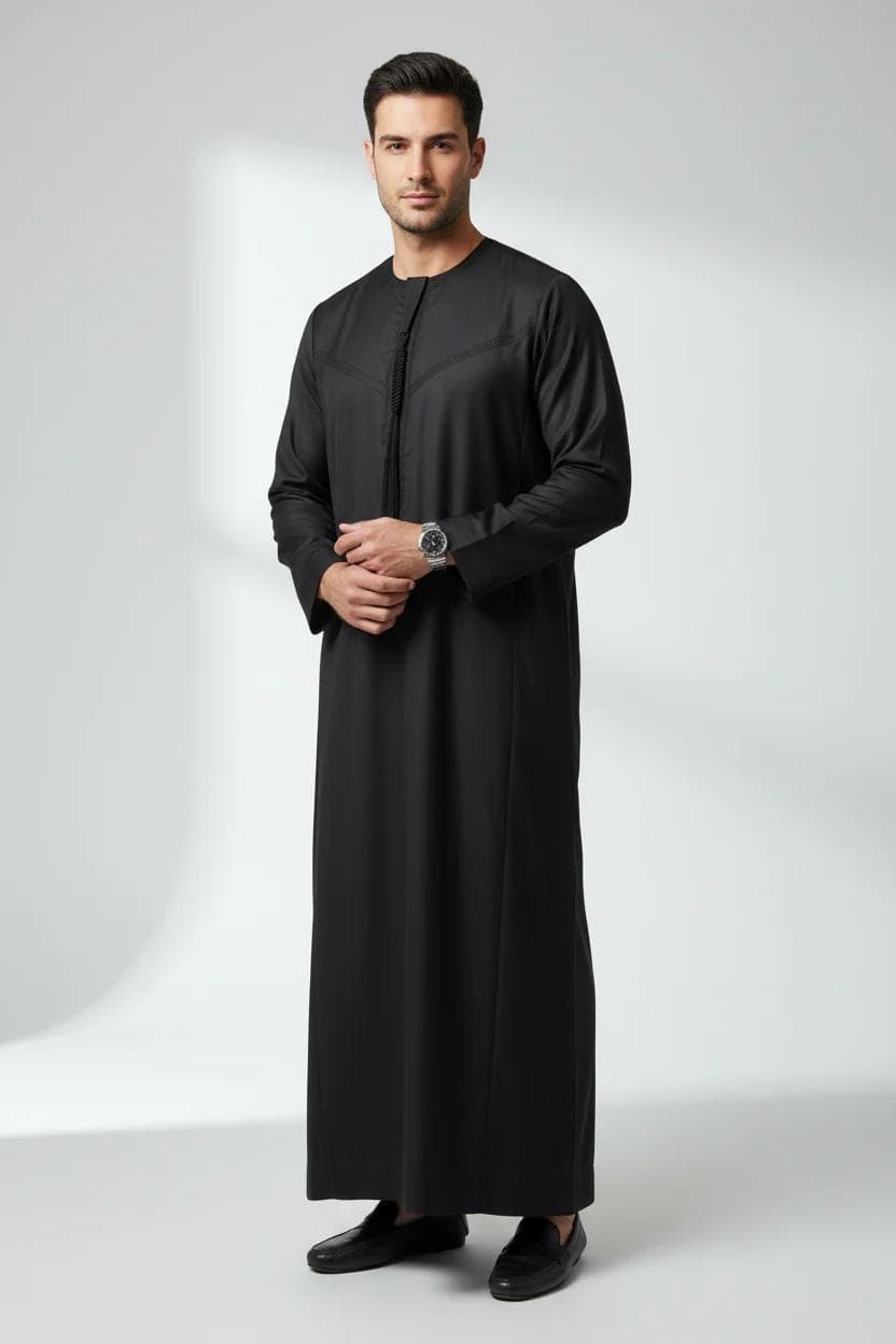 Men's Premium Quality Embroidery Emirati/Omani Thobe Jubba - Black