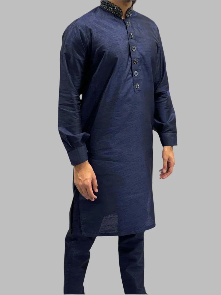 Boys Navy Silky Beadwork Trouser Suit