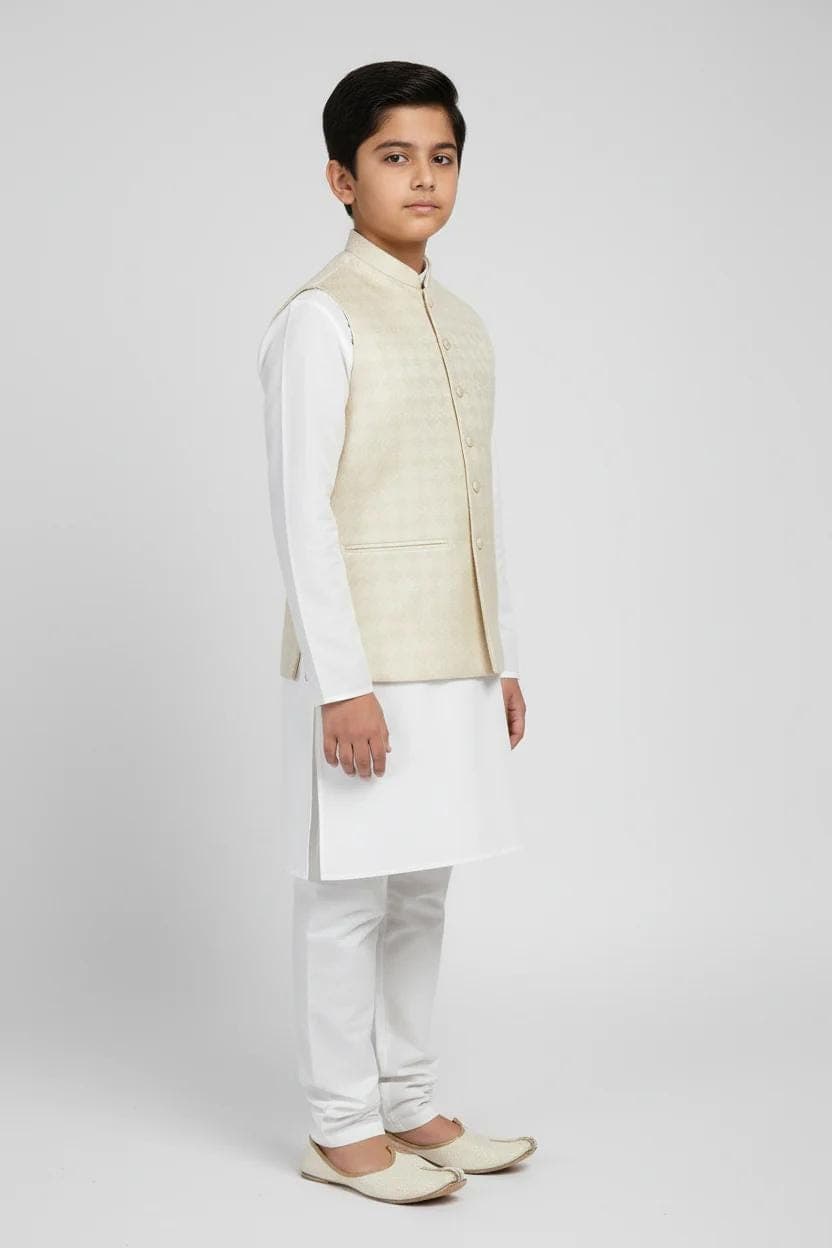 Boy in Butter Cream Chevron Waistcoat – Side