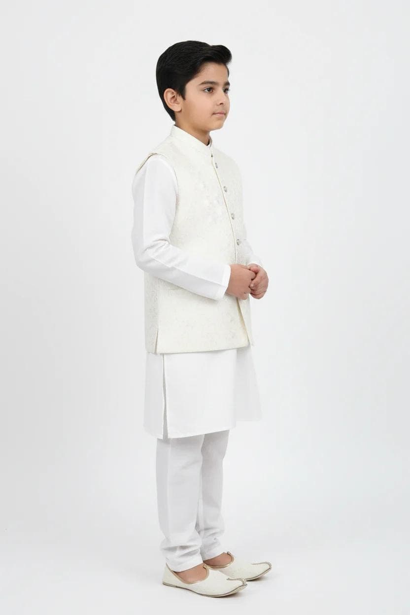 Boy in Off-White Floral Waistcoat – Side