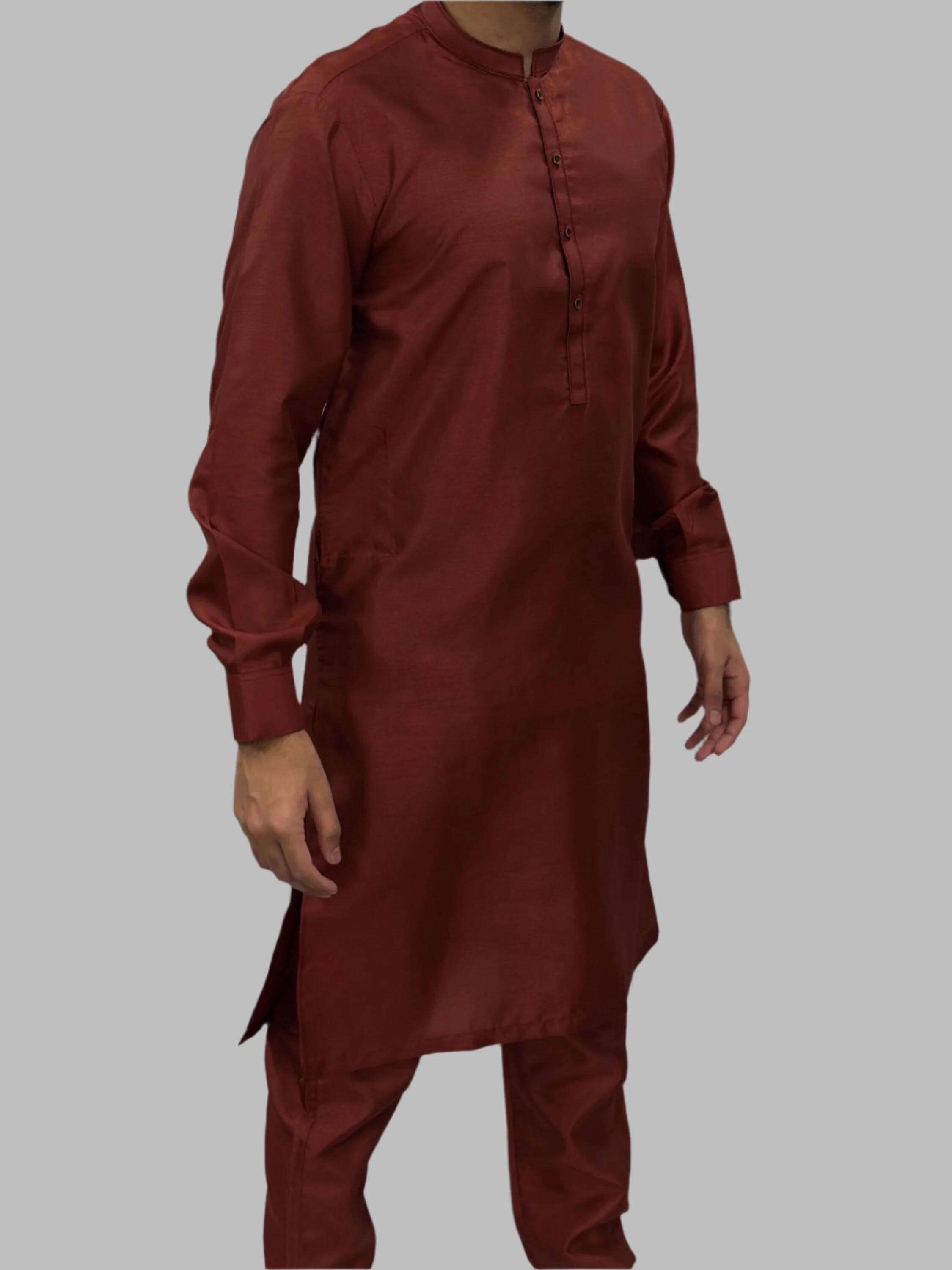 Men's Masala Red Plain Silky Trouser Suit