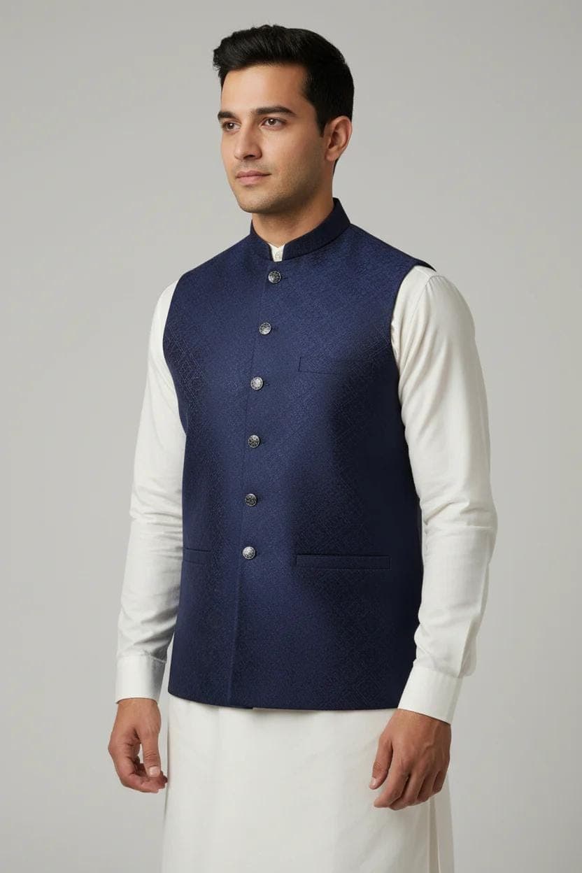 Men's Navy Square Diamond Design Jamawar Waistcoat