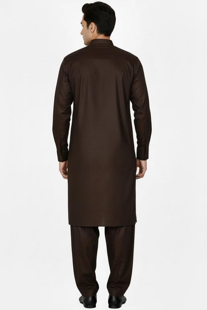 Premium Shalwar Kameez Plain - Dark Brown - Back View