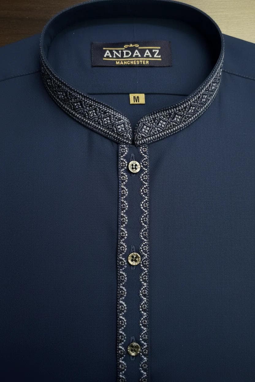 Boys Shalwar Kameez Dark Blue Multi Colour Split Placket Embroidery
