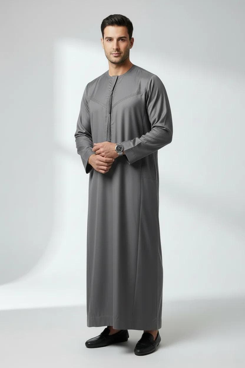 Men's Premium Quality Embroidery Emirati/Omani Thobe Jubba - Grey