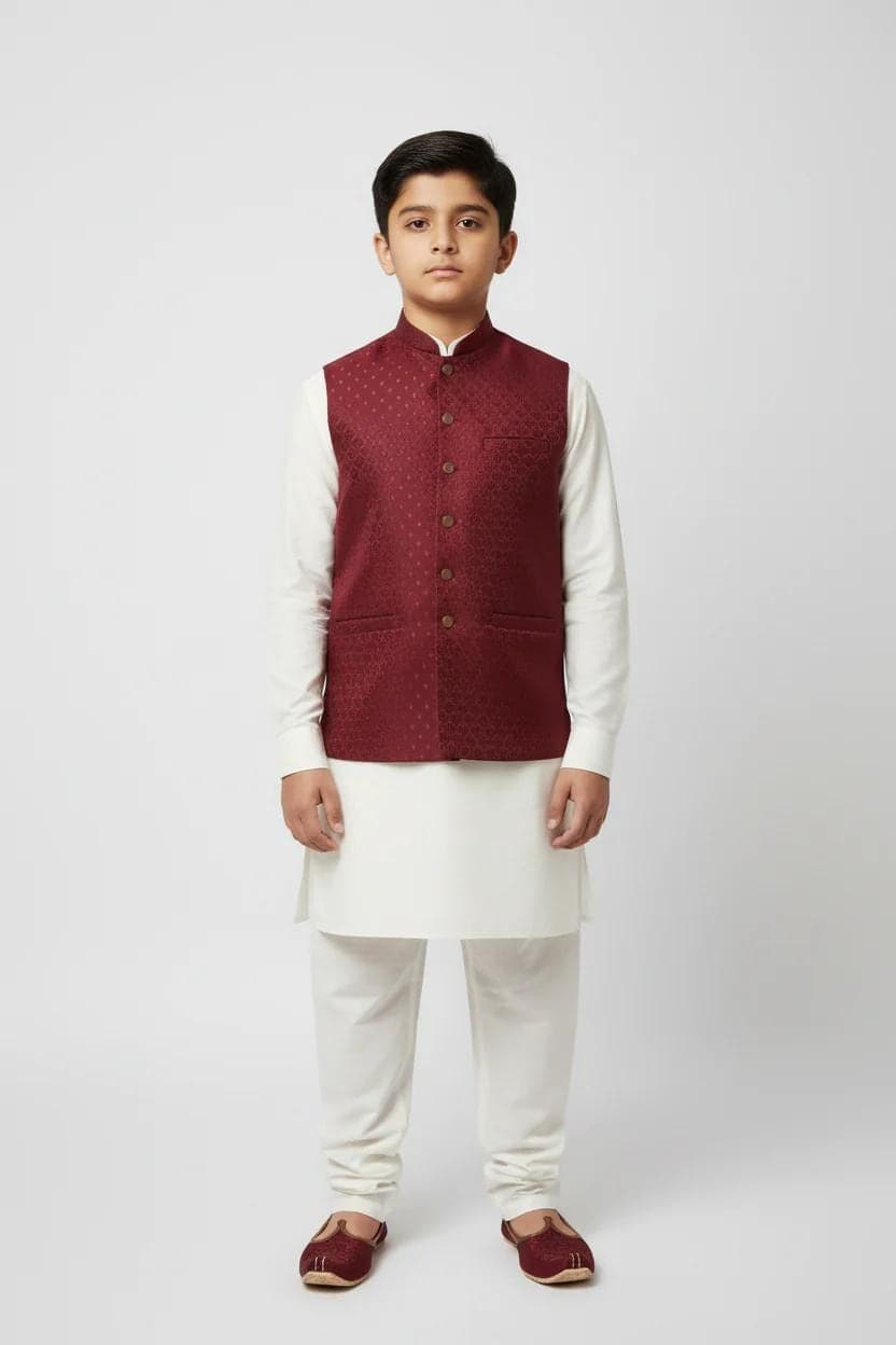 Boys Maroon Shell Design Jamawar Waistcoat