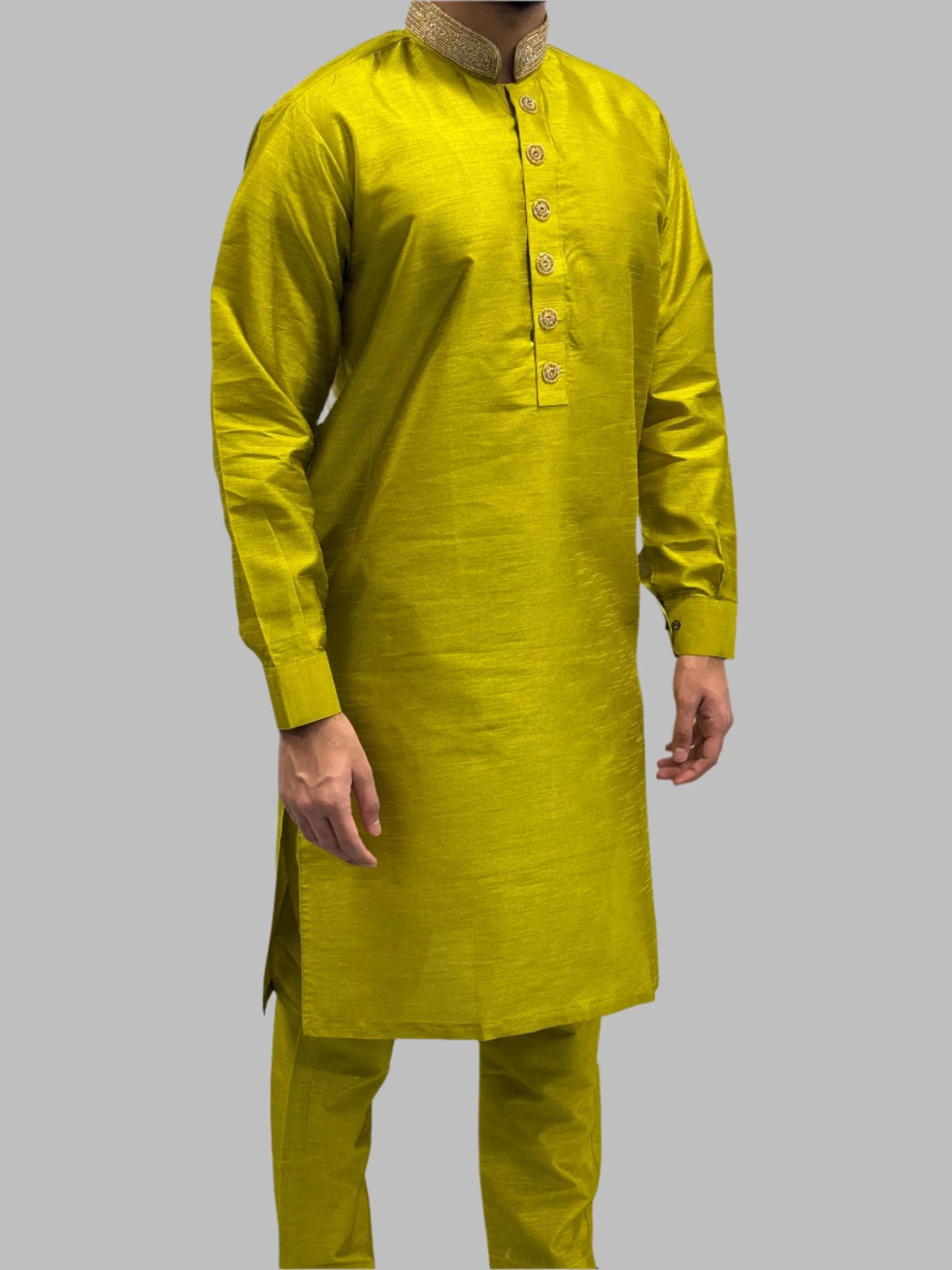 Boys Light Mehndi Green Silky Beadwork Trouser Suit