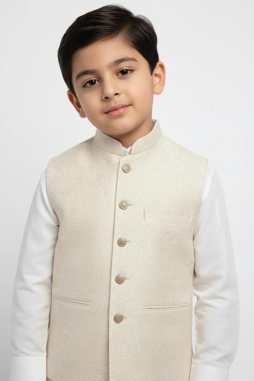 Boy in Ivory Champagne Marble Waistcoat – Close Up
