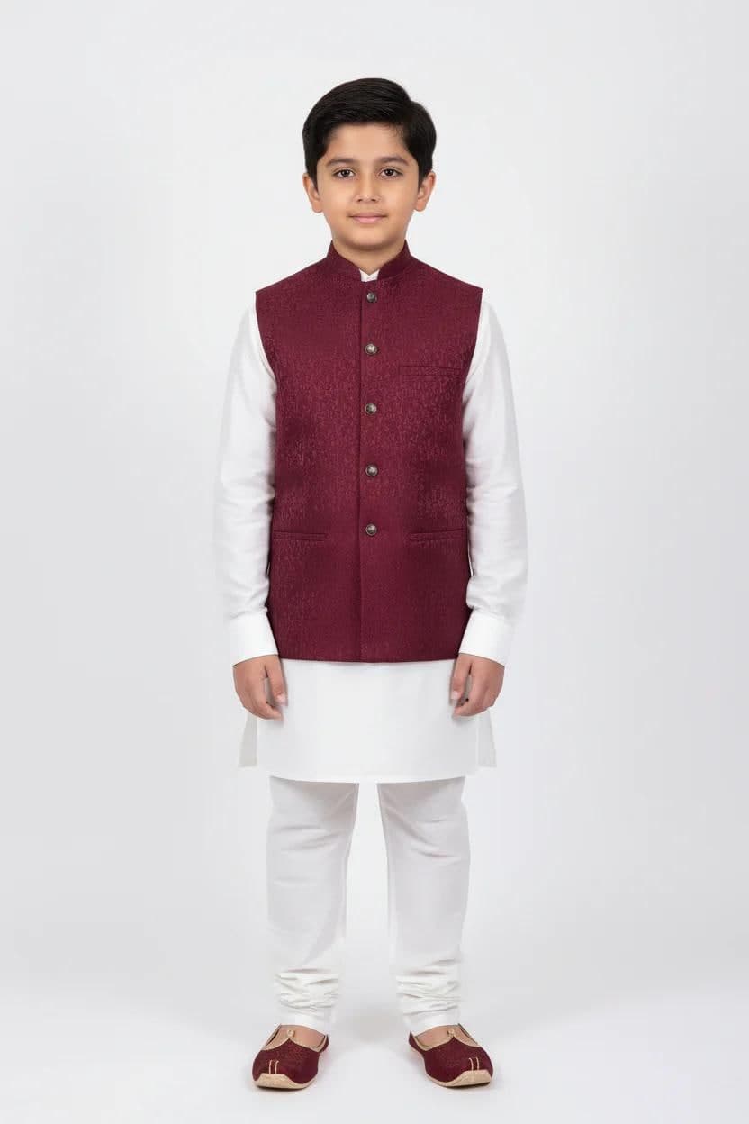Boys Maroon Flower Design Jamawar Waistcoat