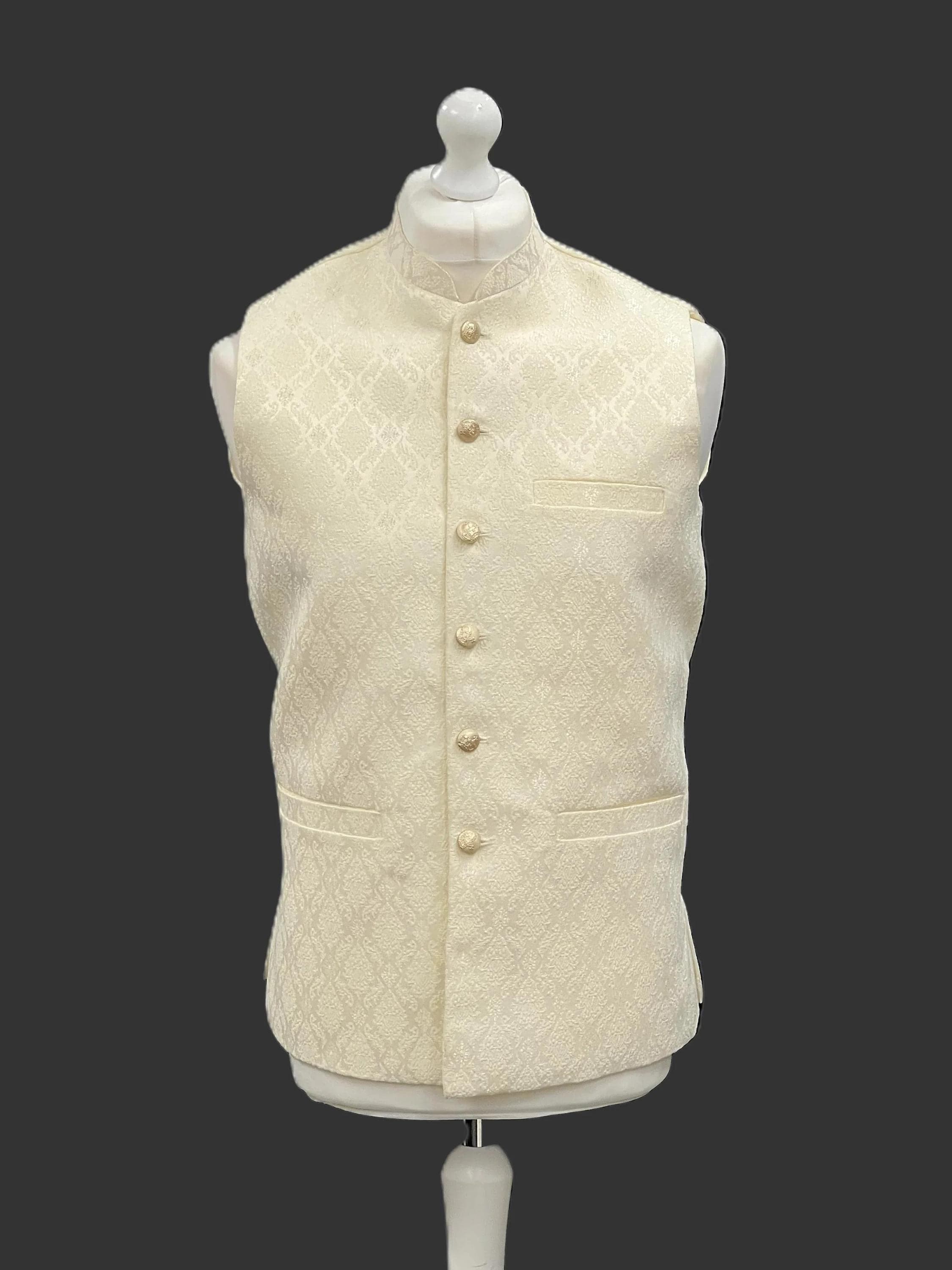 Men's Cream Diamond Design Jamawar Waistcoat