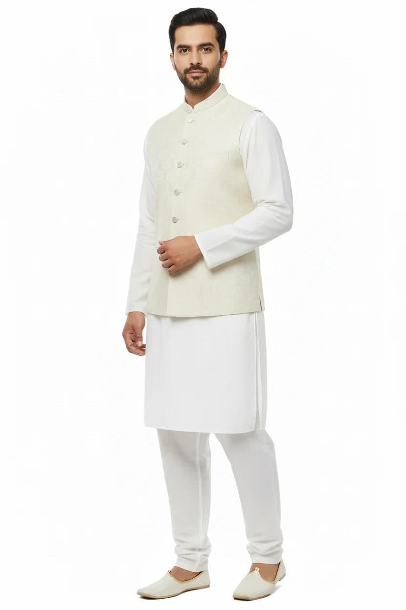 Men's Cream Royal Diamond Design Jamawar Waistcoat