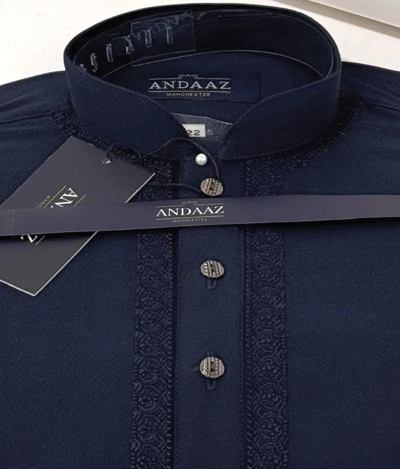 Boys Shalwar Kameez Navy with Piyala Embroidery - image 3
