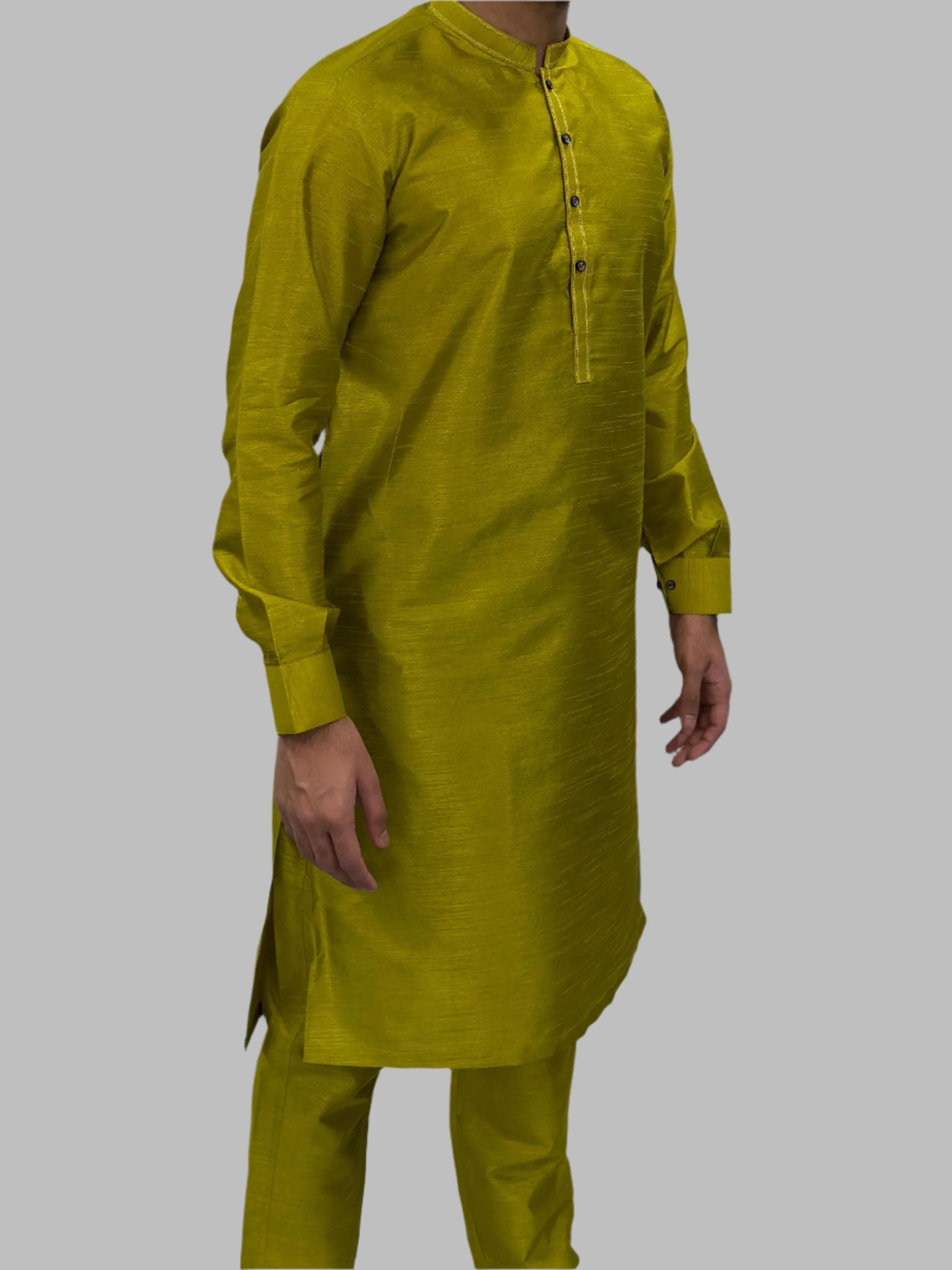 Men's Light Mehndi Plain Silky Trouser Suit