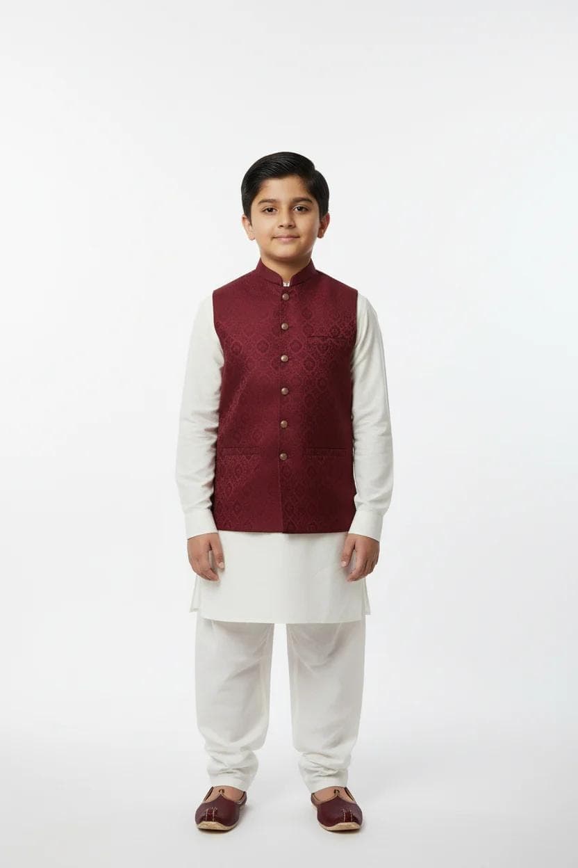 Boys Maroon Medallion Design Jamawar Waistcoat
