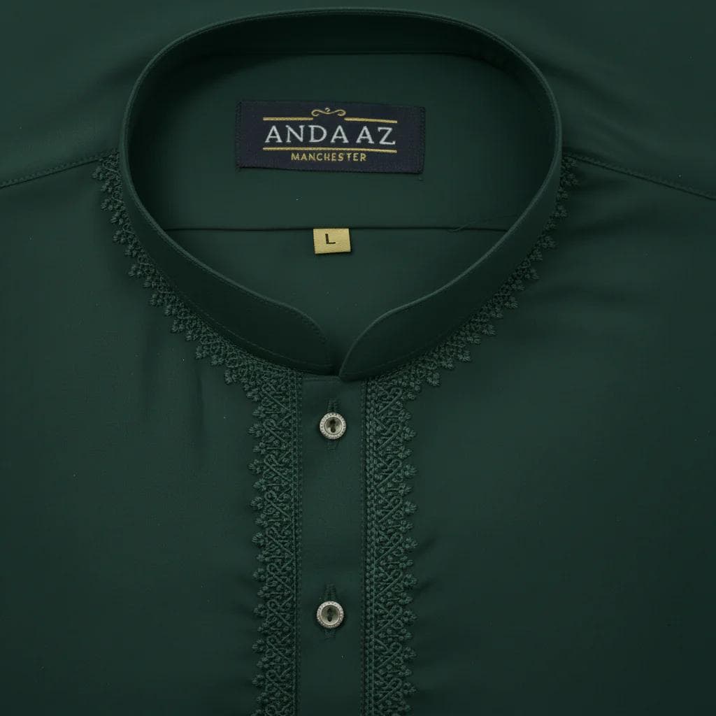 Forest green kurta collar close-up - matching front view