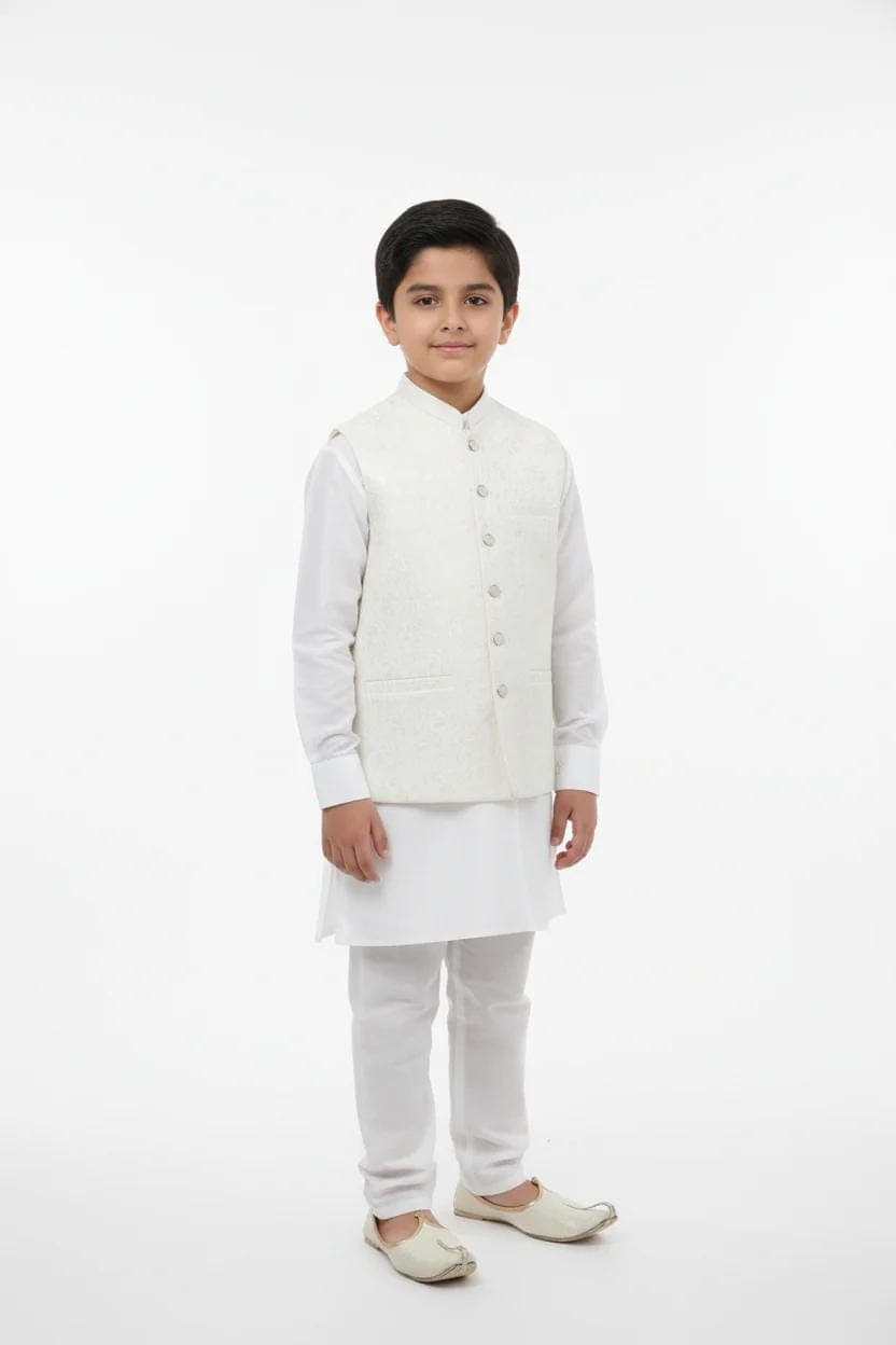 Boys Off White Flower Design Jamawar Waistcoat