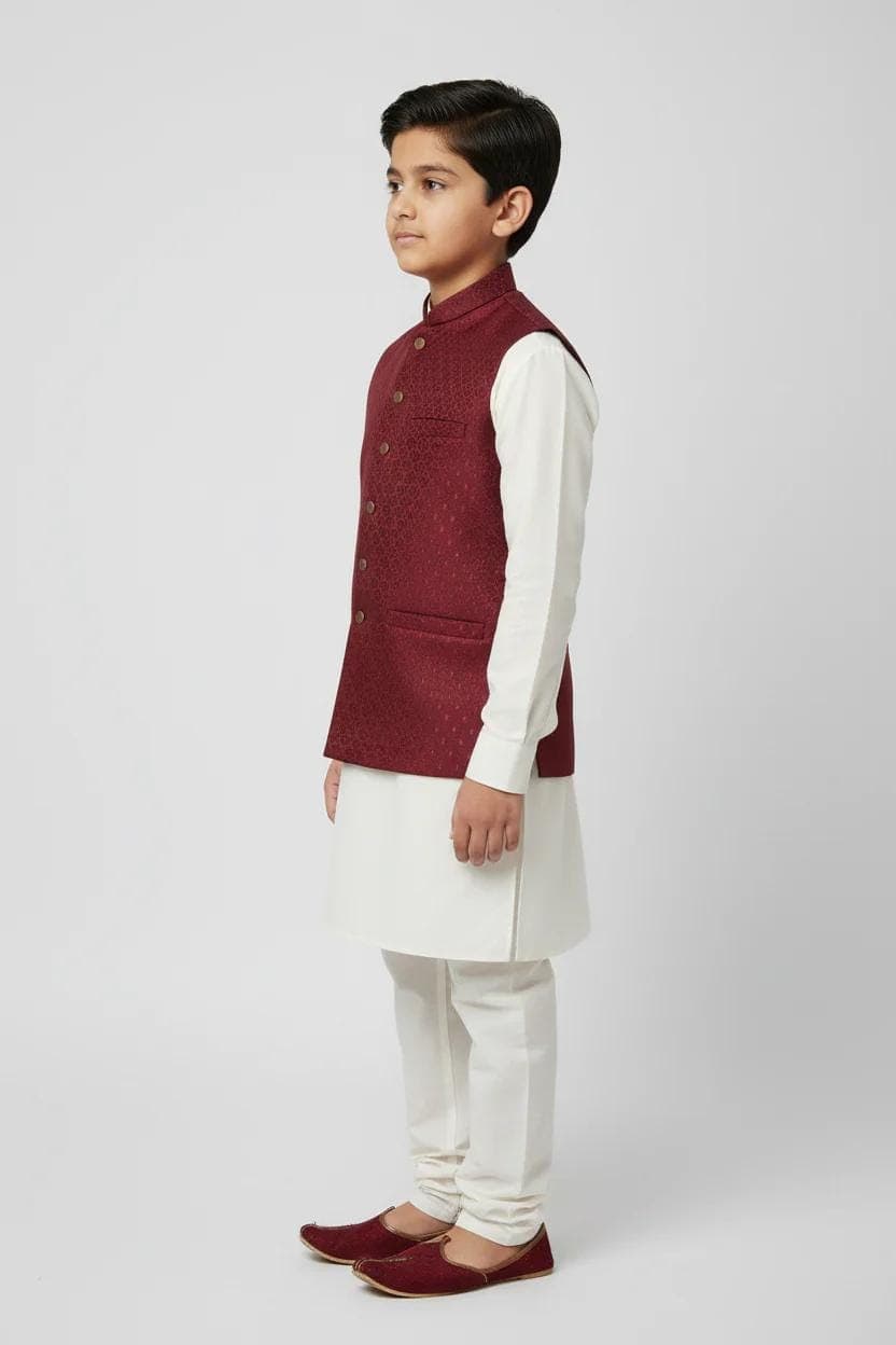 Boy in Maroon Shell Waistcoat – Side