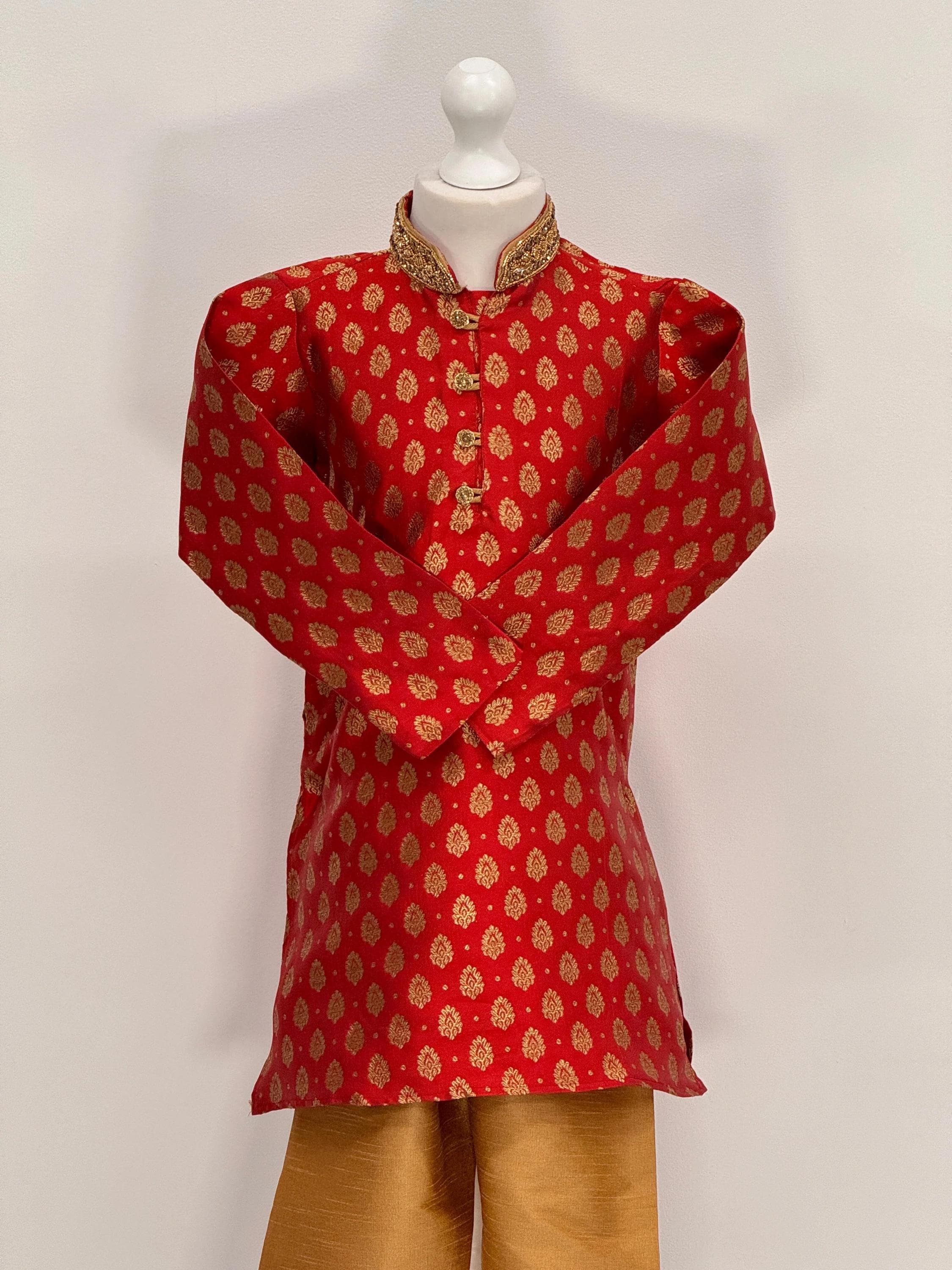 Boys Paisley Jamawar Kurta Pyjama Red Gold - image 4