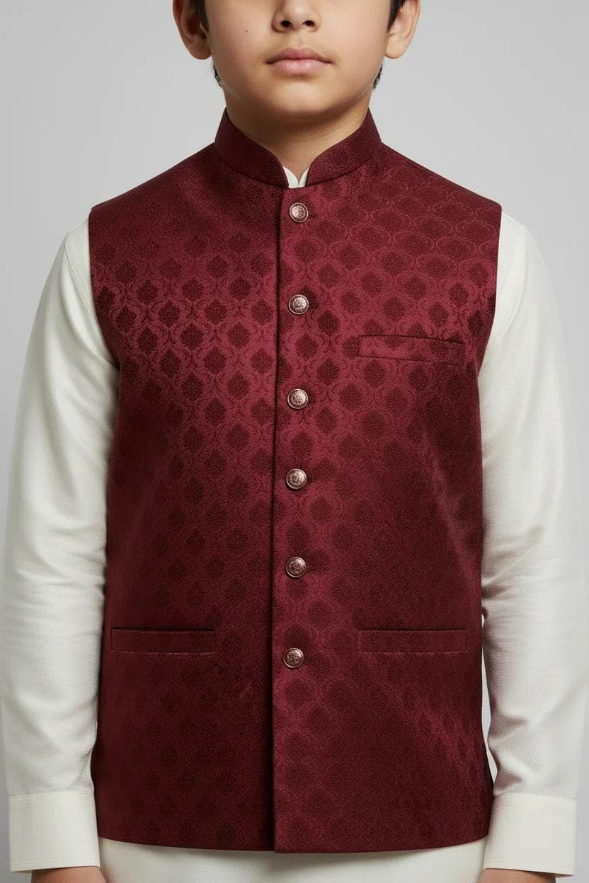 Boy in Maroon Royal Bloom Waistcoat – Close Up