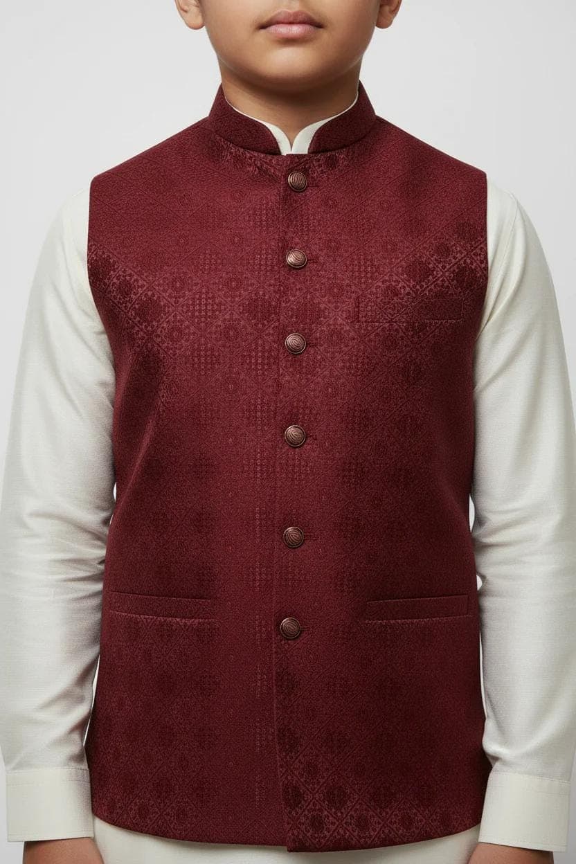 Boy in Maroon Diamond Flower Waistcoat – Close Up
