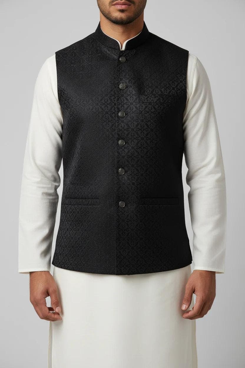 Black Geometric Design Jamawar Waistcoat Close Up