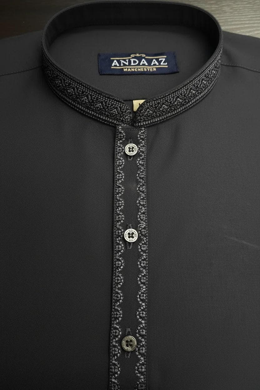 Boys Shalwar Kameez Graphite Grey Multi Colour Split Placket Embroidery