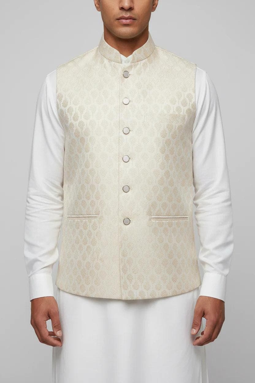 Cream waistcoat close-up on model