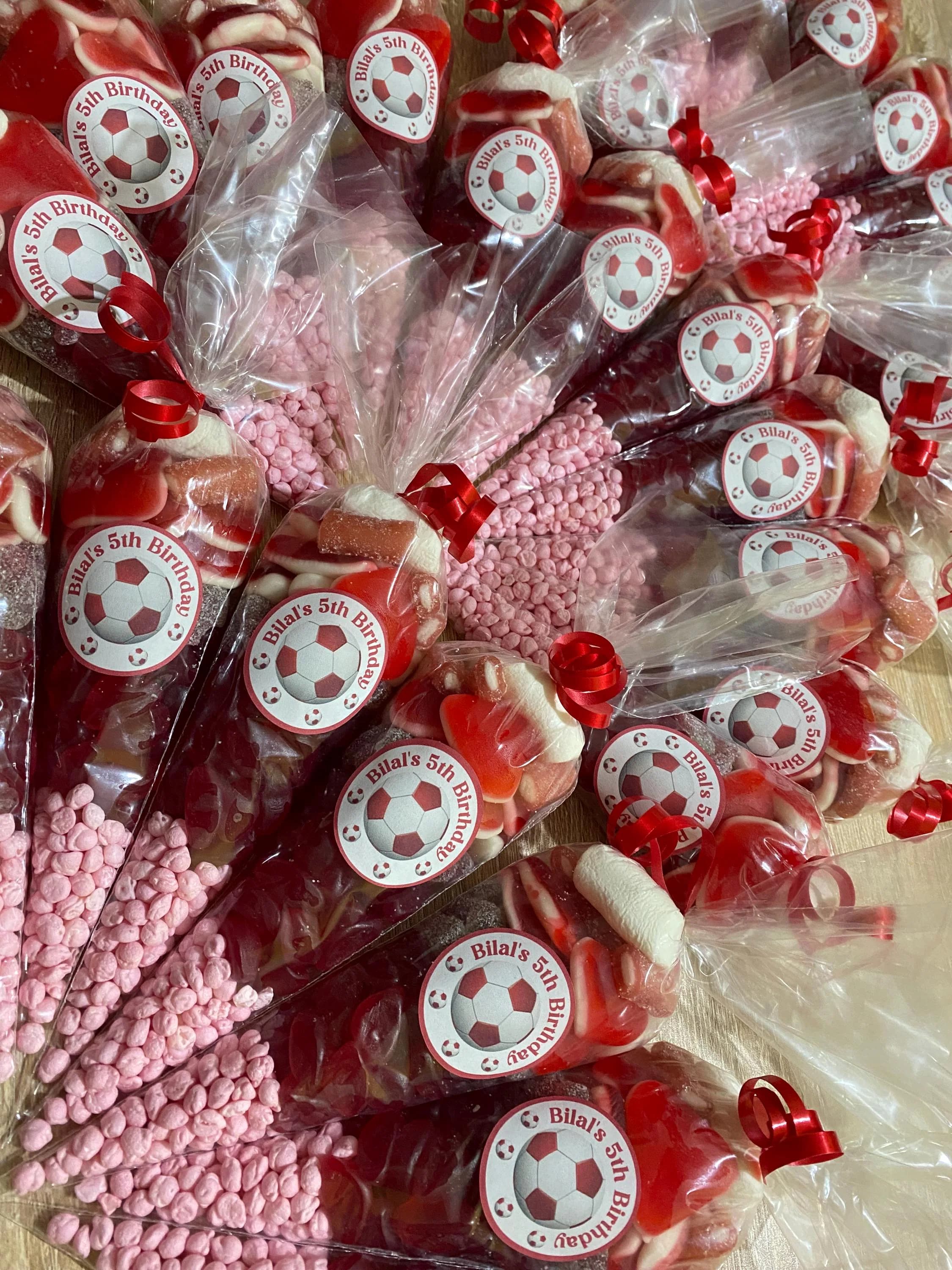 Football themed sweetcones-Red soccer theme birthday favours-halal sweet cones- personalised stickers- chose your own team/colour-birthday