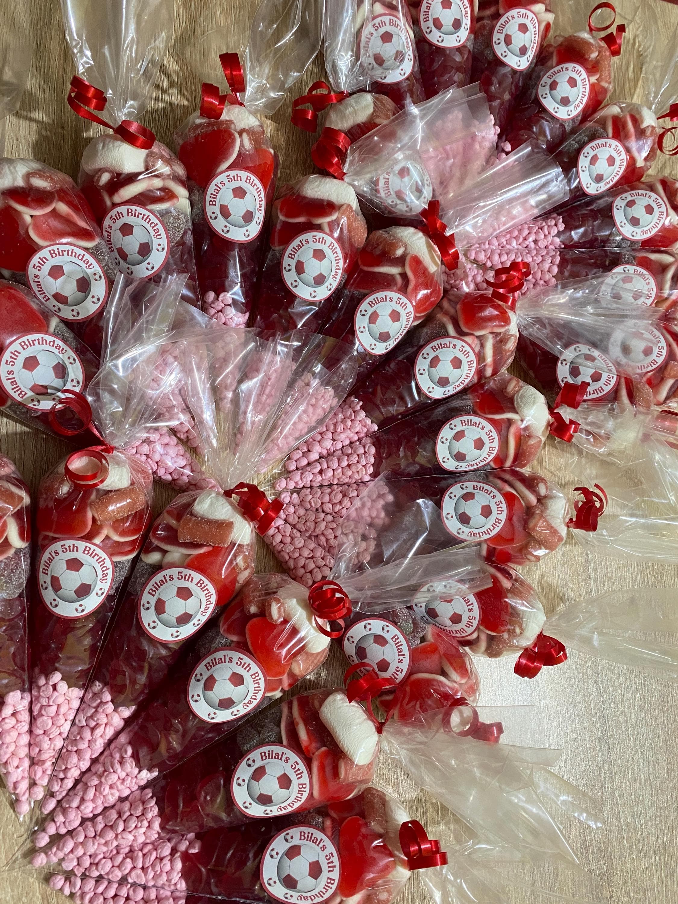 Football themed sweetcones-Red soccer theme birthday favours-halal sweet cones- personalised stickers- chose your own team/colour-birthday - image 3