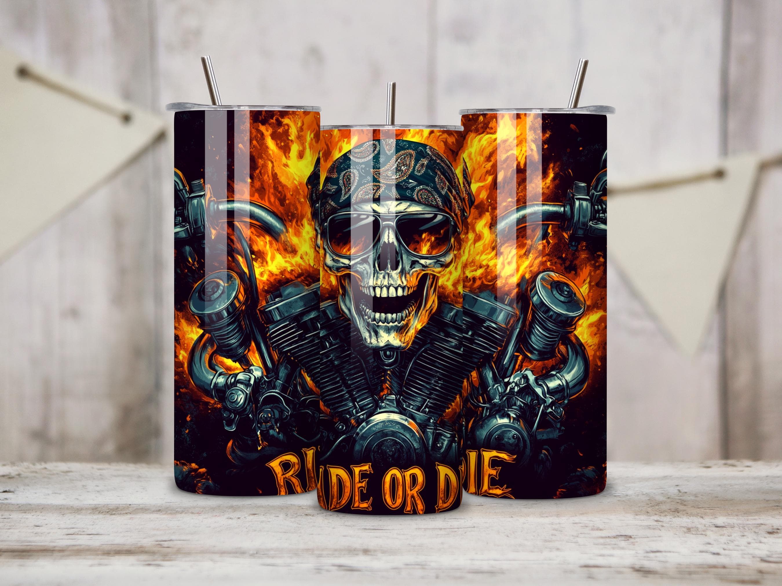 Motorcycle Tumbler Wrap, Ride or Die Skull Tumbler Wrap, 20 oz Skinny Seamless Sublimation Design, Motorcycle Wrap, Biker Skull Flames PNG - image 3