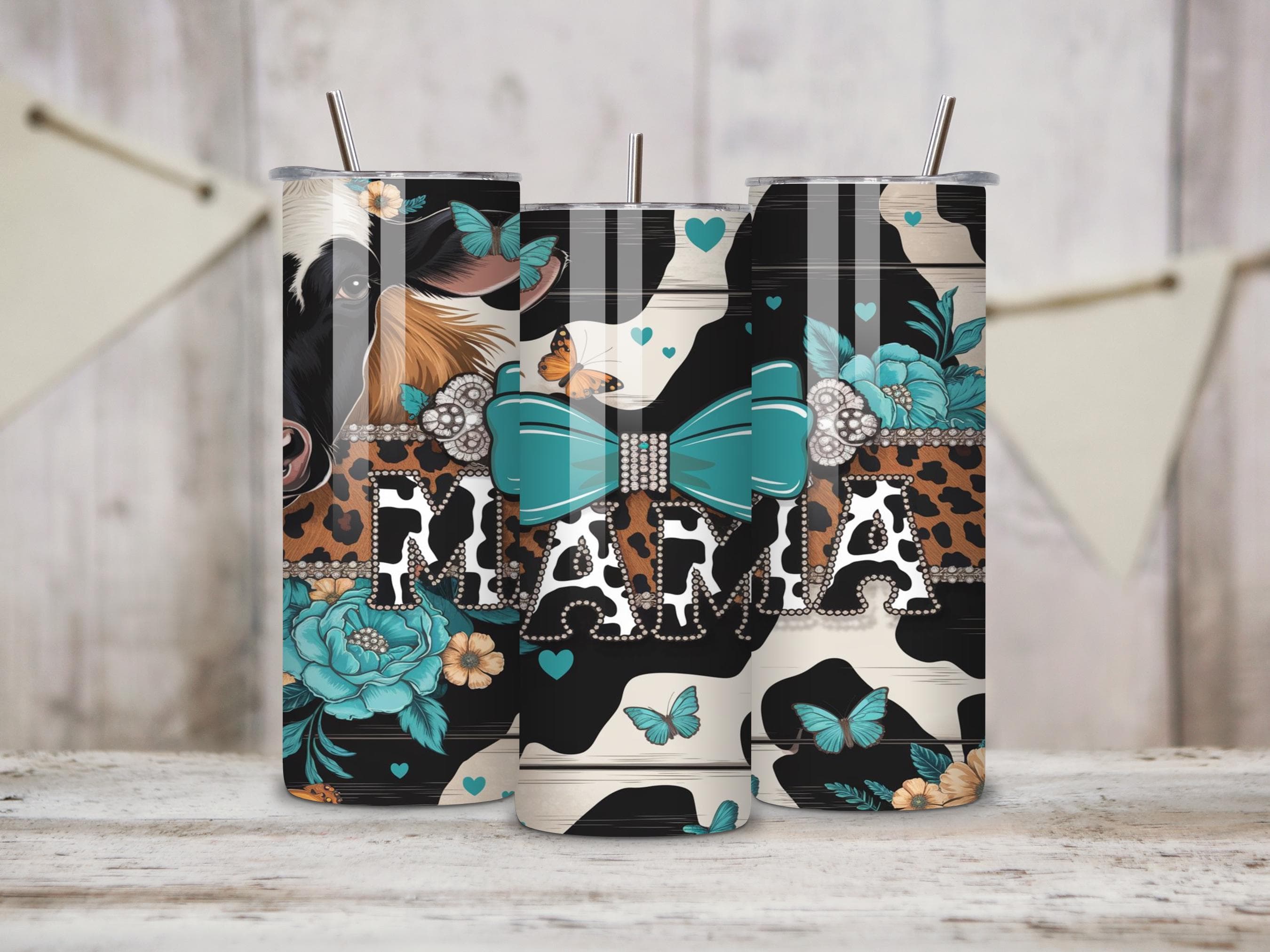 Western Mama Cow Print Tumbler Wrap -Turquoise Cowgirl Cheetah Bow Sublimation PNG for 20 oz Skinny Tumbler -Digital Download - image 3