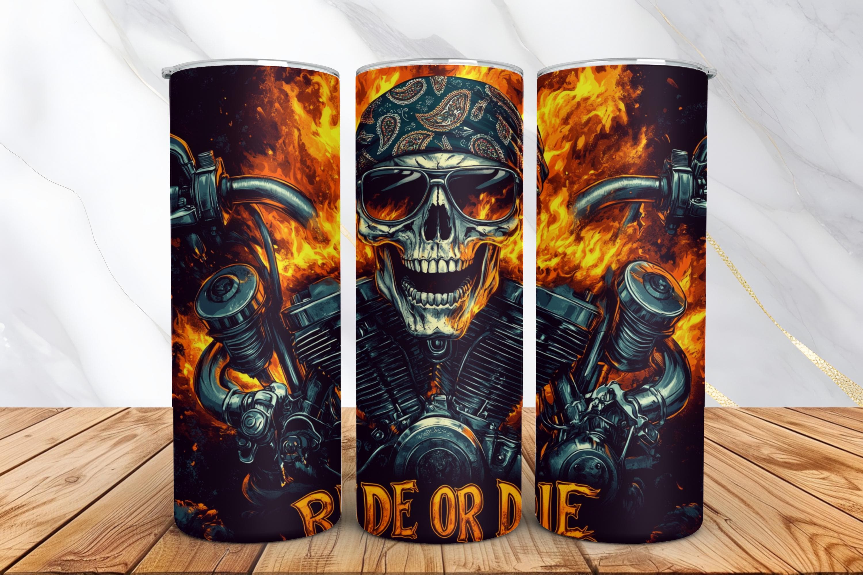 Motorcycle Tumbler Wrap, Ride or Die Skull Tumbler Wrap, 20 oz Skinny Seamless Sublimation Design, Motorcycle Wrap, Biker Skull Flames PNG