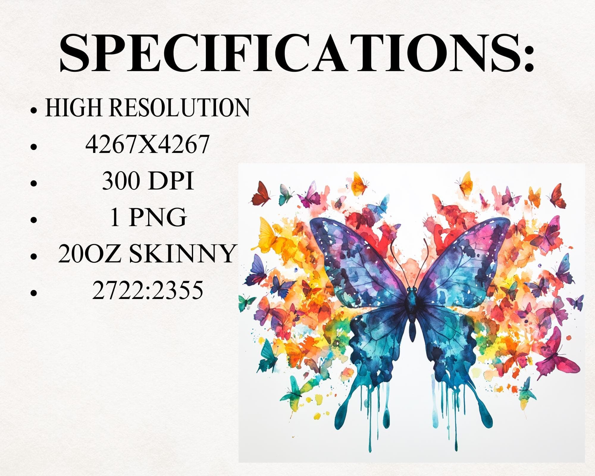 20oz Watercolor Rainbow Butterfly Tumbler Wrap -Skinny Tumbler Sublimation Design -Butterfly PNG Design Digital Download - image 5
