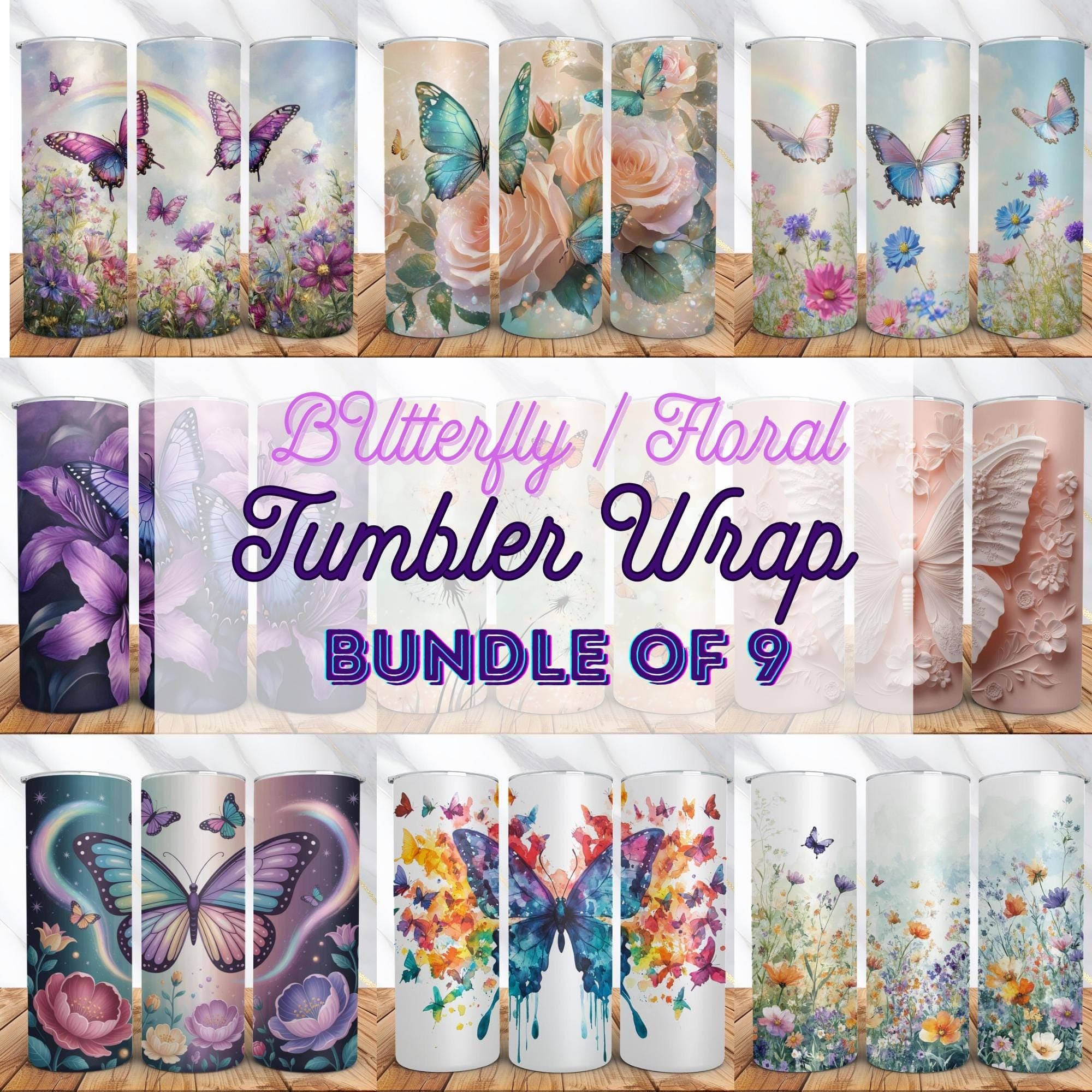 Butterfly and Floral Tumbler Wrap Bundle -20oz Skinny Tumbler Sublimation Designs -Tumbler Wrap PNGs -Instant Digital Download