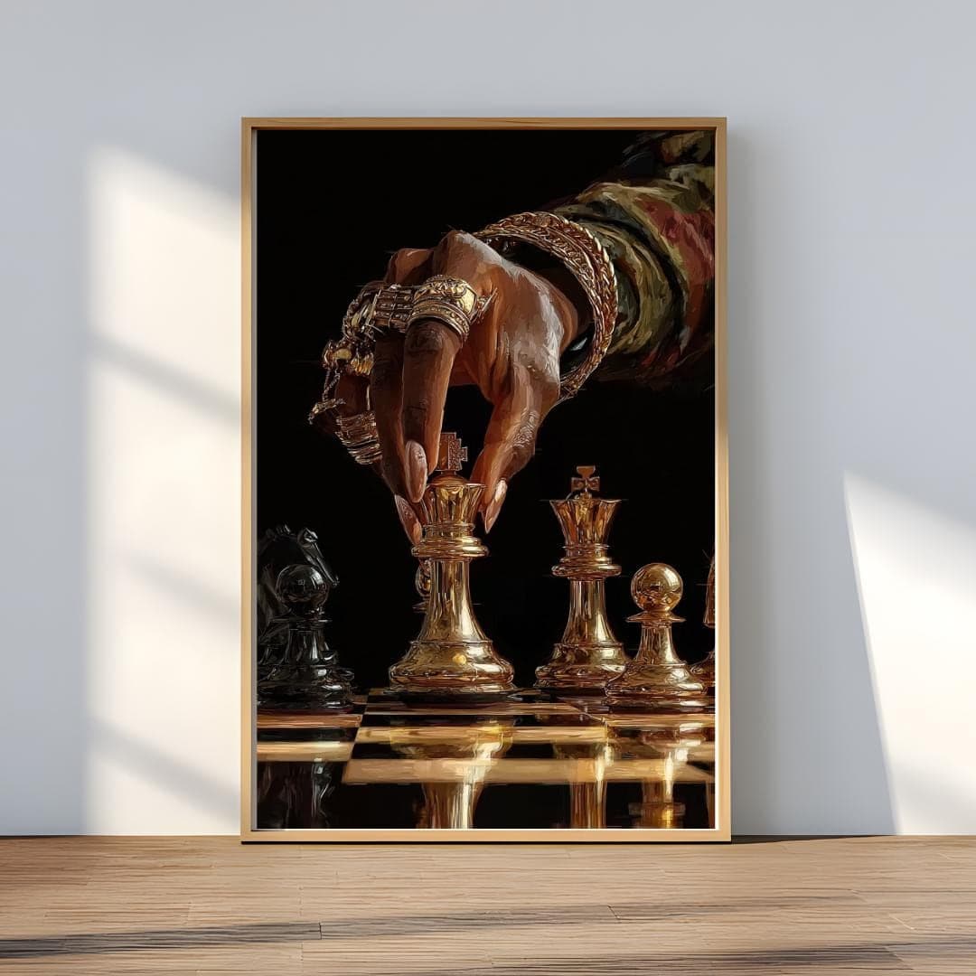 Black Woman Playing Chess Wall Art -Moody Afrocentric Minimalist Poster -Modern Home Decor -Luxury Boss Lady Printable Digital Download
