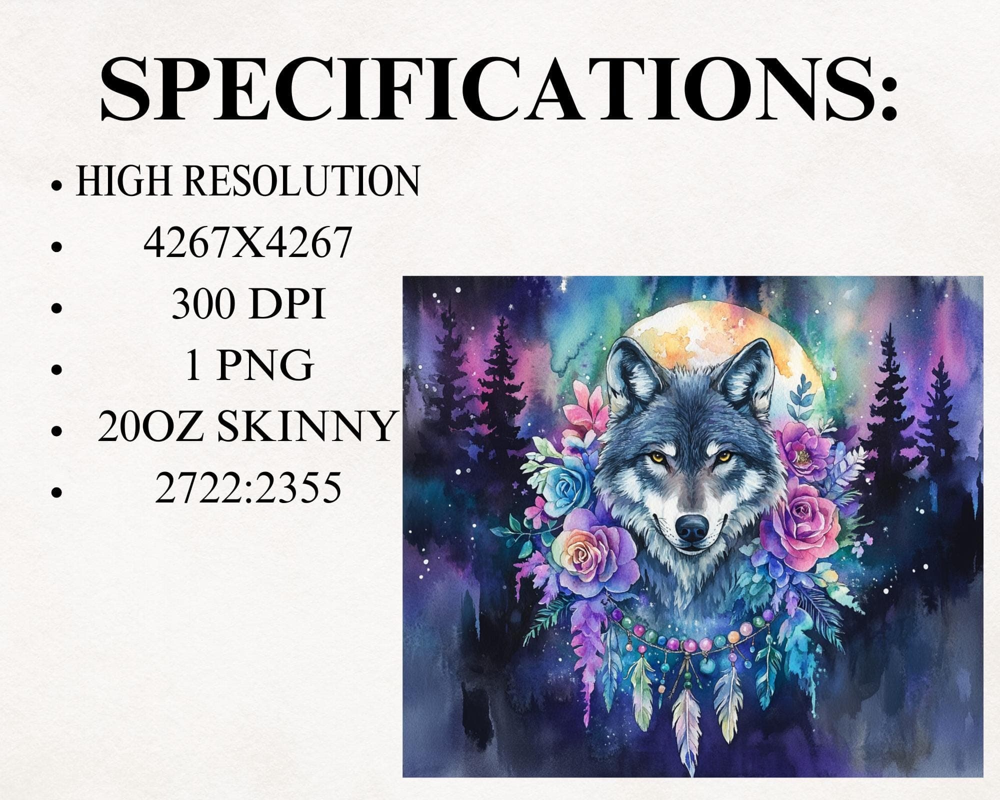 Seamless Boho Wolf & Dreamcatcher Floral Tumbler Wrap -20oz Skinny Tumbler Sublimation Design -Boho Tumbler PNG Digital Download - image 5