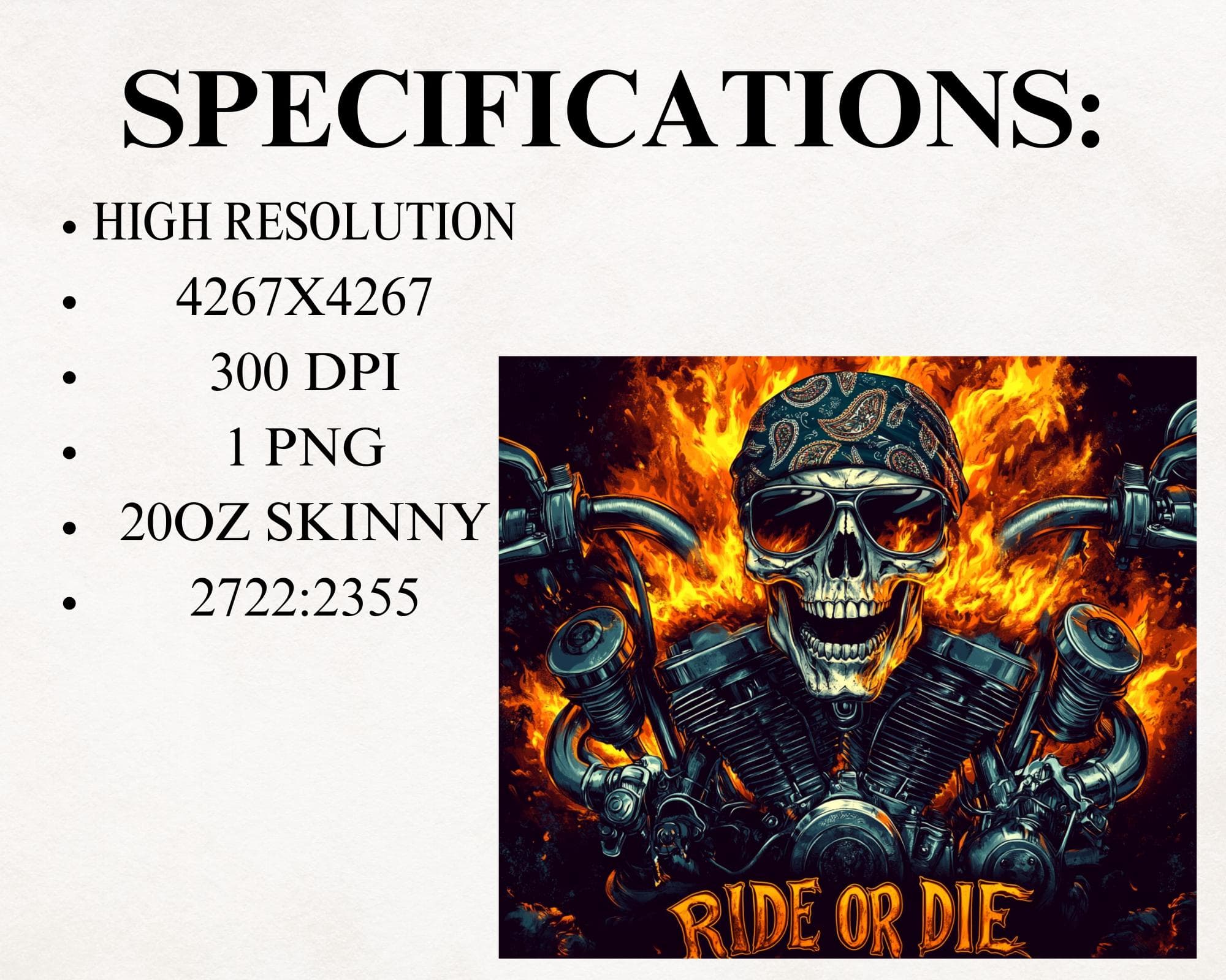 Motorcycle Tumbler Wrap, Ride or Die Skull Tumbler Wrap, 20 oz Skinny Seamless Sublimation Design, Motorcycle Wrap, Biker Skull Flames PNG - image 5