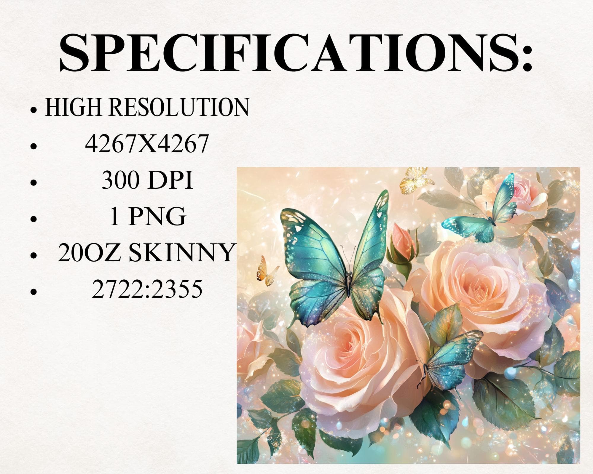 Roses Seamless Tumbler Wrap -Spring Tumbler Sublimation Design -Butterfly Flowers Tumbler Design -Flowers PNG Gift for Her -Digital Download - image 5