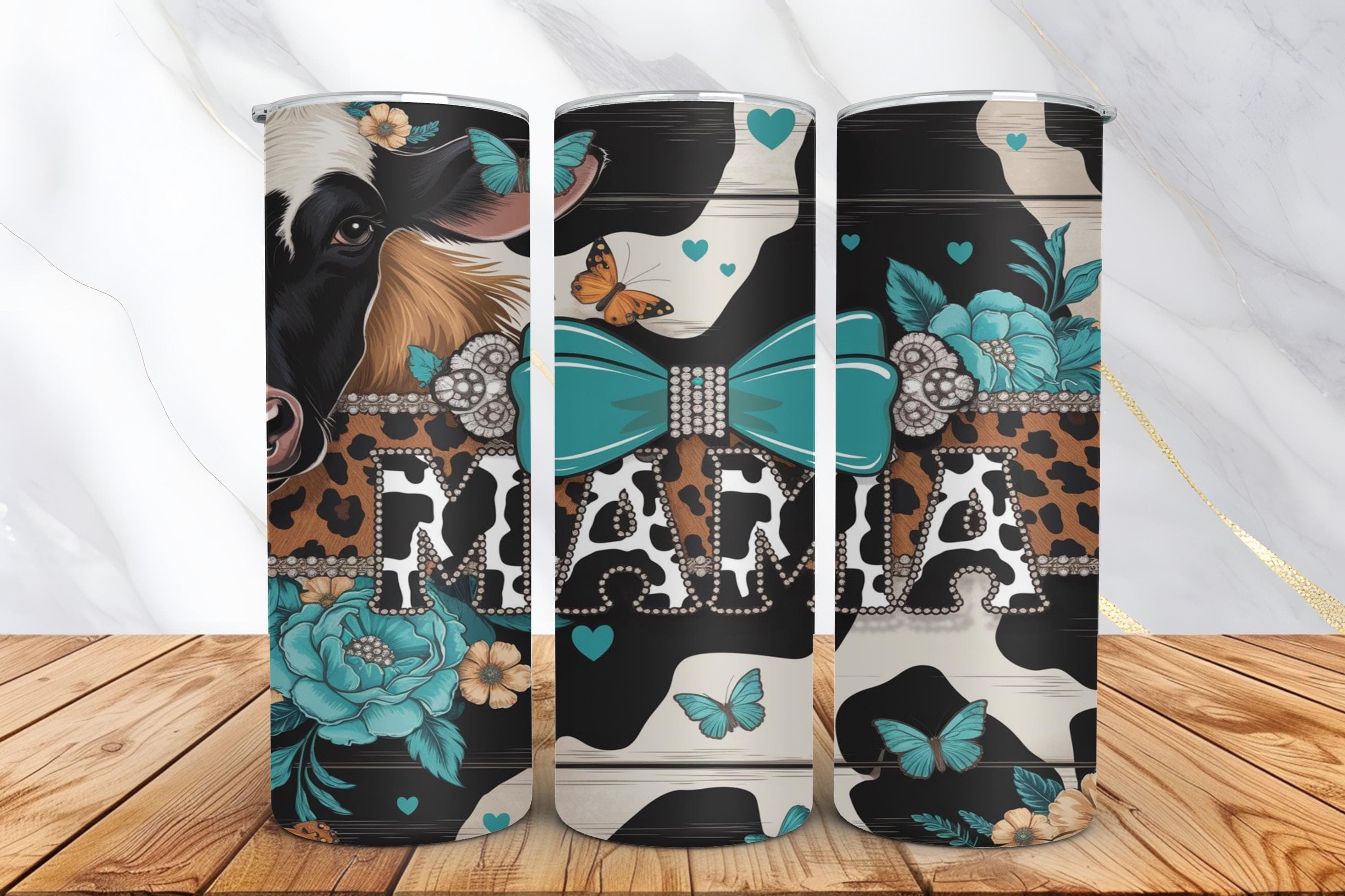 Western Mama Cow Print Tumbler Wrap -Turquoise Cowgirl Cheetah Bow Sublimation PNG for 20 oz Skinny Tumbler -Digital Download