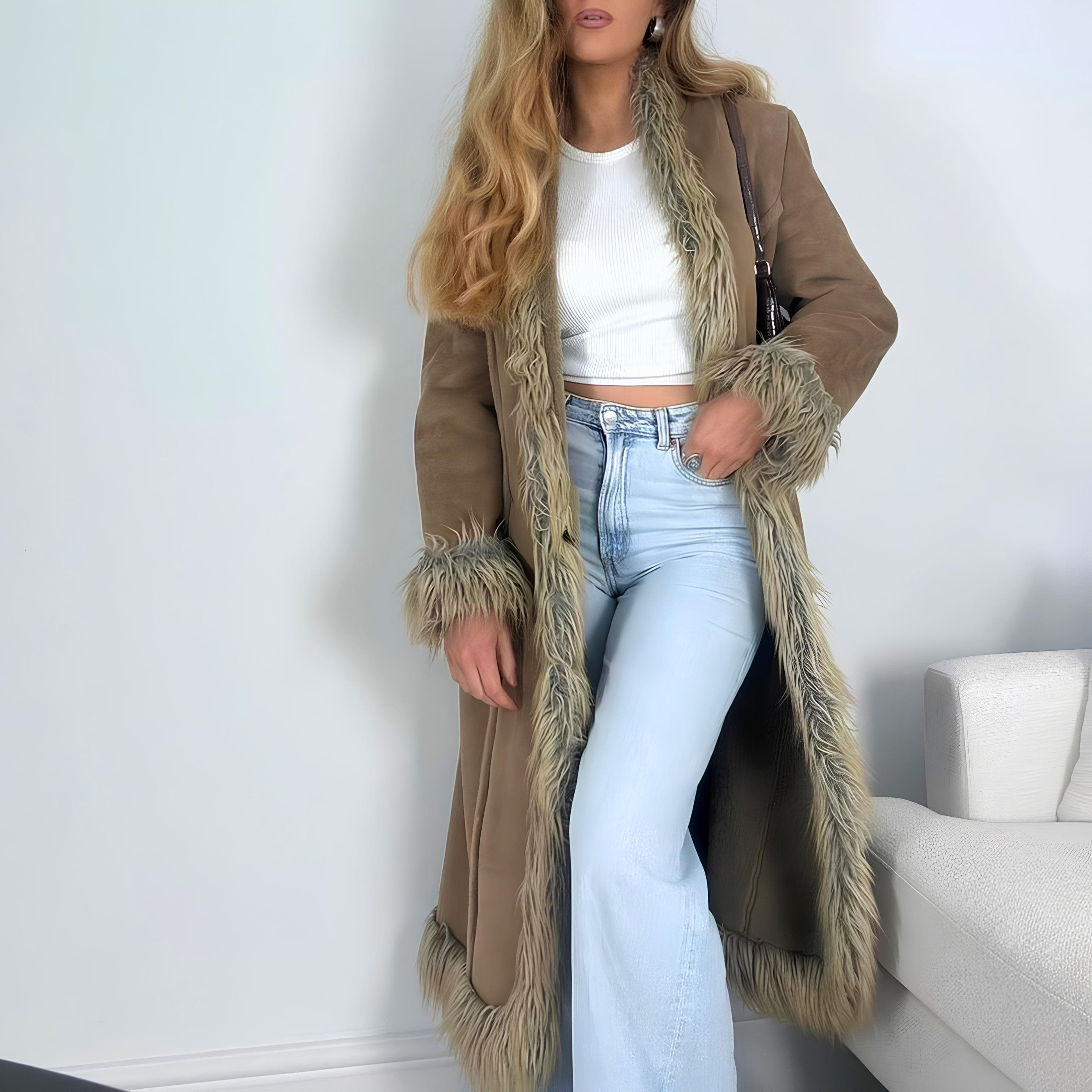 Faux Shearling Coat for Women - Handmade Brown Penny Lane Coat - Vintage Y2k Suede Leather Afghan Coat - Boho Long Winter Coat