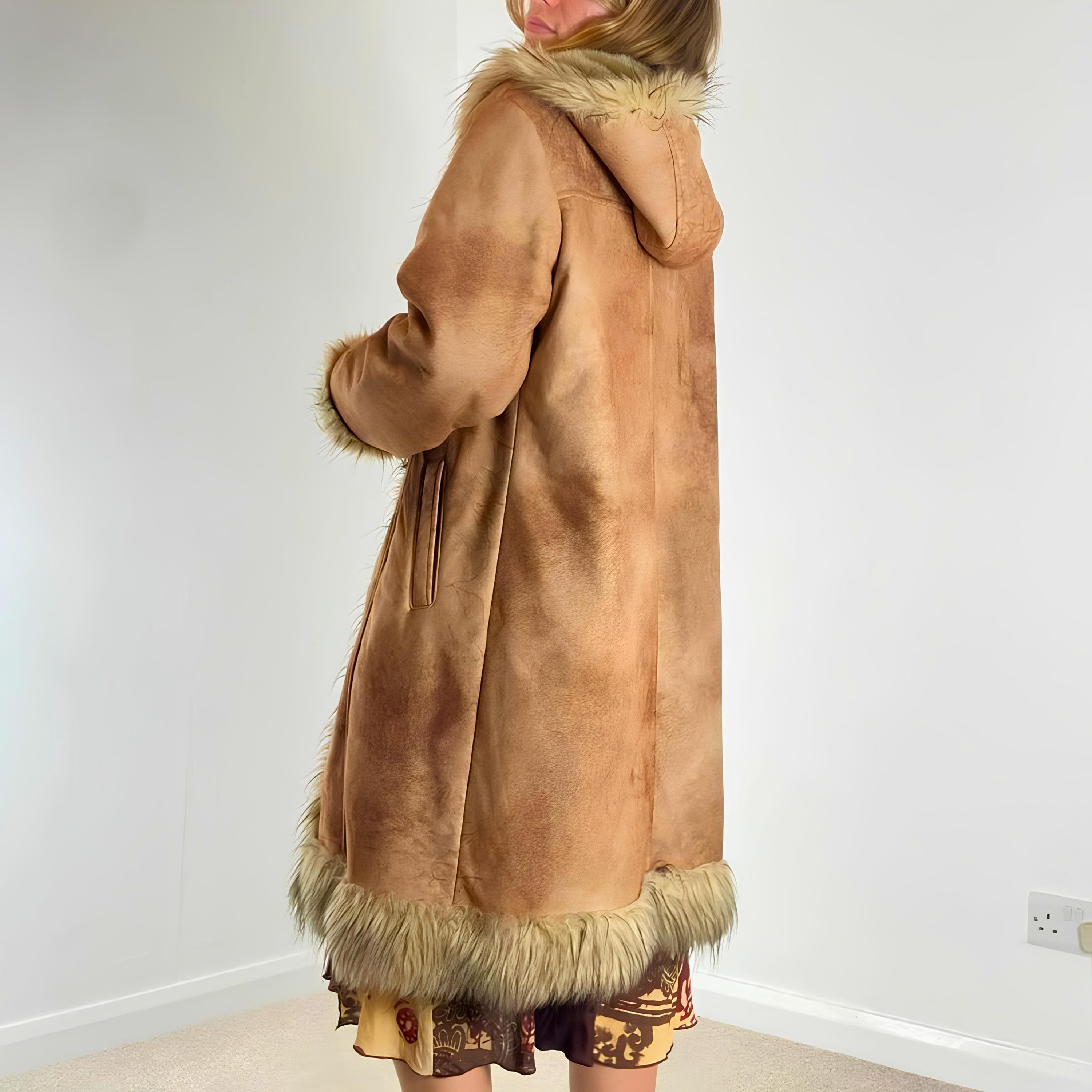 Women Brown Suede Leather Penny Lane Coat - Sheepskin Suede Faux Shearling Hooded Coat - Vintage 70 Bohemian Afghan Coat - Winter Gift - image 5