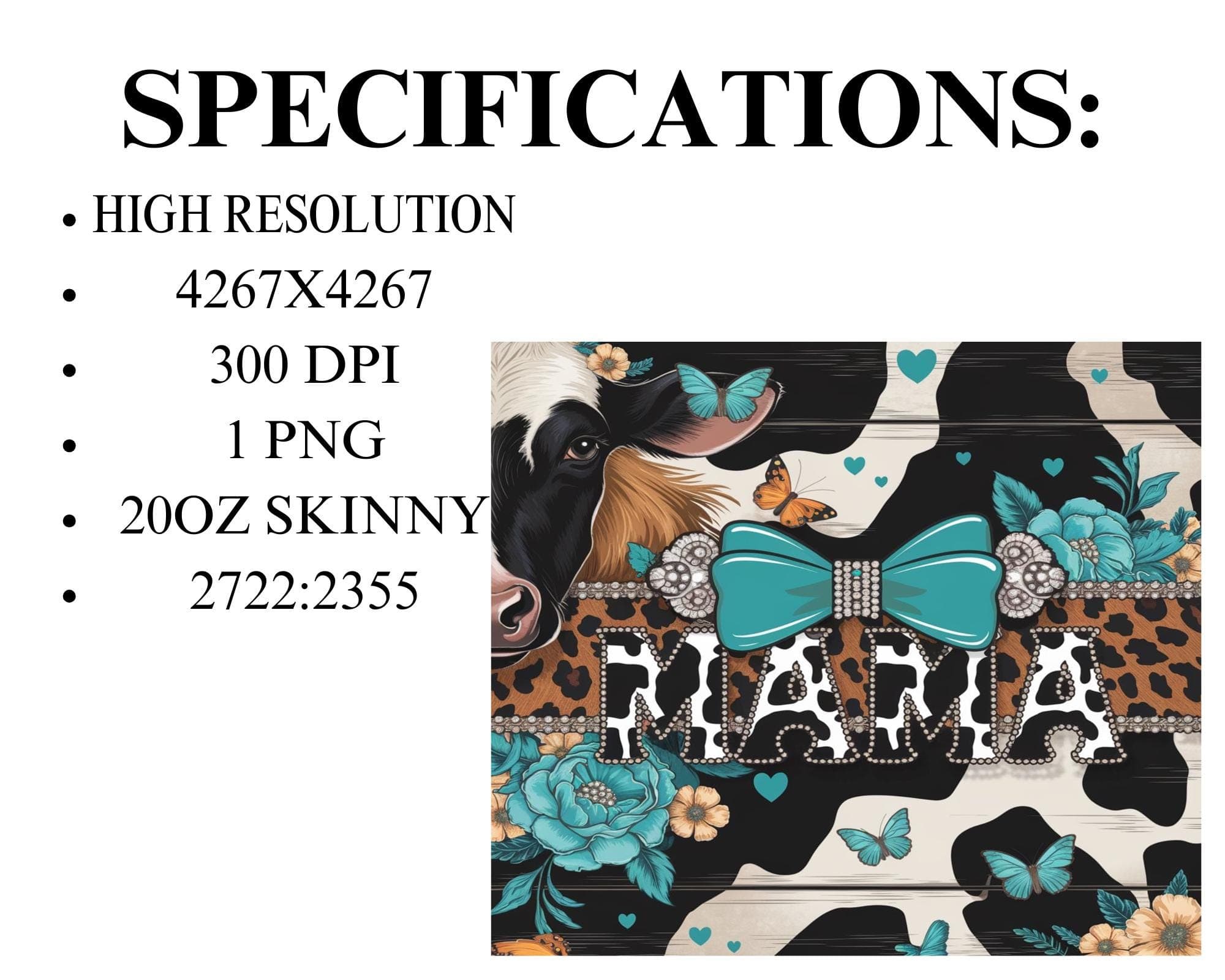 Western Mama Cow Print Tumbler Wrap -Turquoise Cowgirl Cheetah Bow Sublimation PNG for 20 oz Skinny Tumbler -Digital Download - image 5