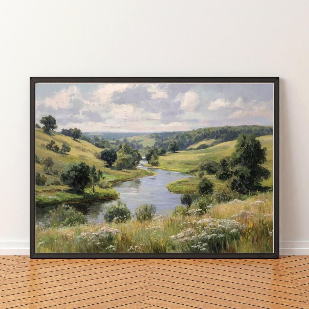 landscape print, nature wall art, river painting, wildflower wall art, cottagecore decor, printable wall art, wildflower field