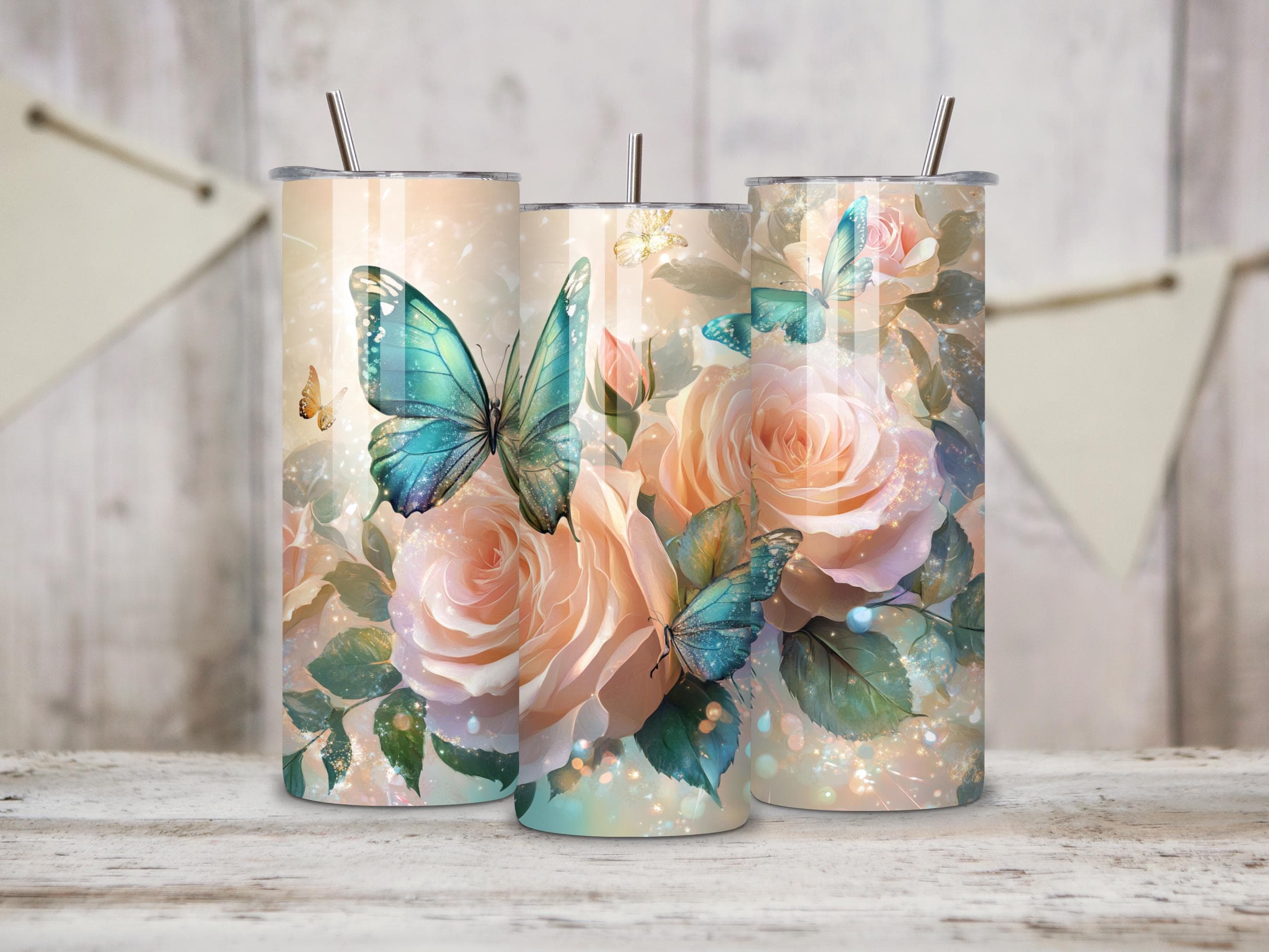 Roses Seamless Tumbler Wrap -Spring Tumbler Sublimation Design -Butterfly Flowers Tumbler Design -Flowers PNG Gift for Her -Digital Download - image 3