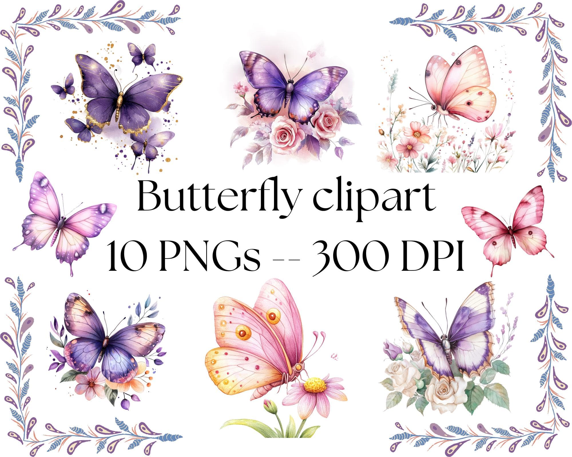 Butterfly Clipart, Purple Butterfly PNG, Flower Clipart,  Floral Butterfly Wings Clipart Watercolor Butterfly Clipart Bundle
