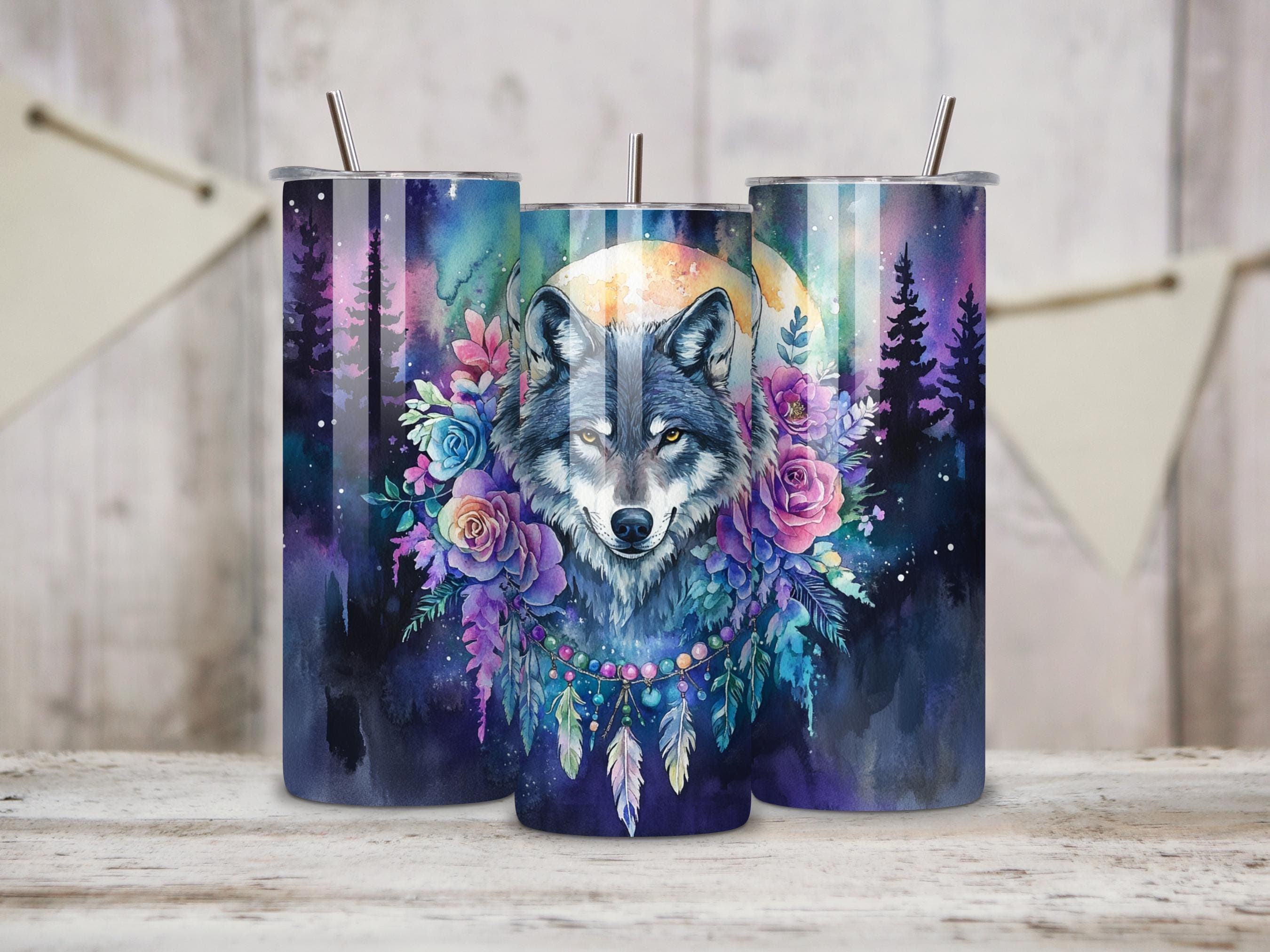 Seamless Boho Wolf & Dreamcatcher Floral Tumbler Wrap -20oz Skinny Tumbler Sublimation Design -Boho Tumbler PNG Digital Download - image 3