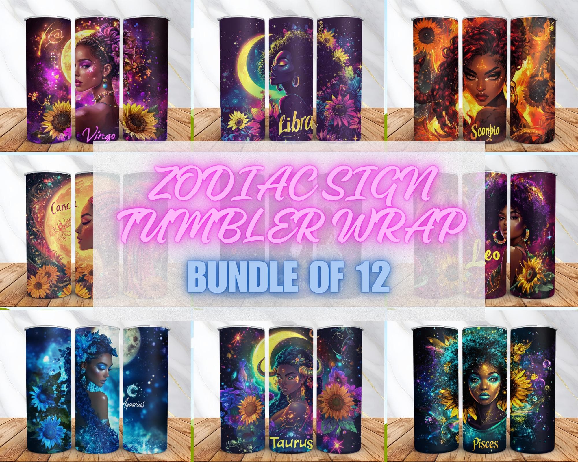 Zodiac Tumbler Wrap Bundle, Zodiac Sign Tumbler Wrap, 20oz Skinny Tumbler Sublimation Designs, Tumbler Wrap PNG, Digital Download