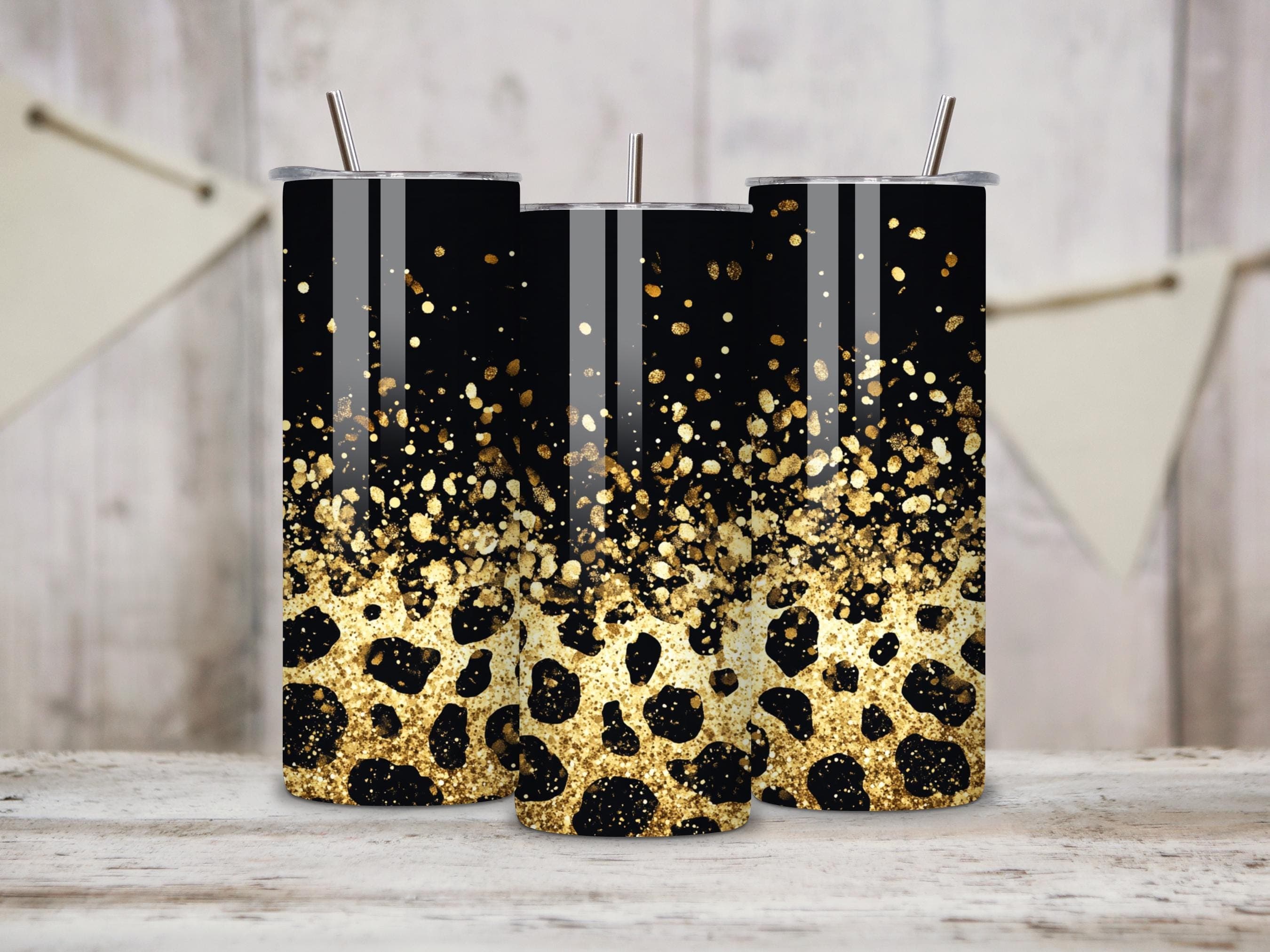 Leopard Tumbler Sublimation Design -20oz Skinny Tumbler Wrap PNG -Gold Glitter Tumbler Design -Seamless Tumbler -Digital Download - image 3