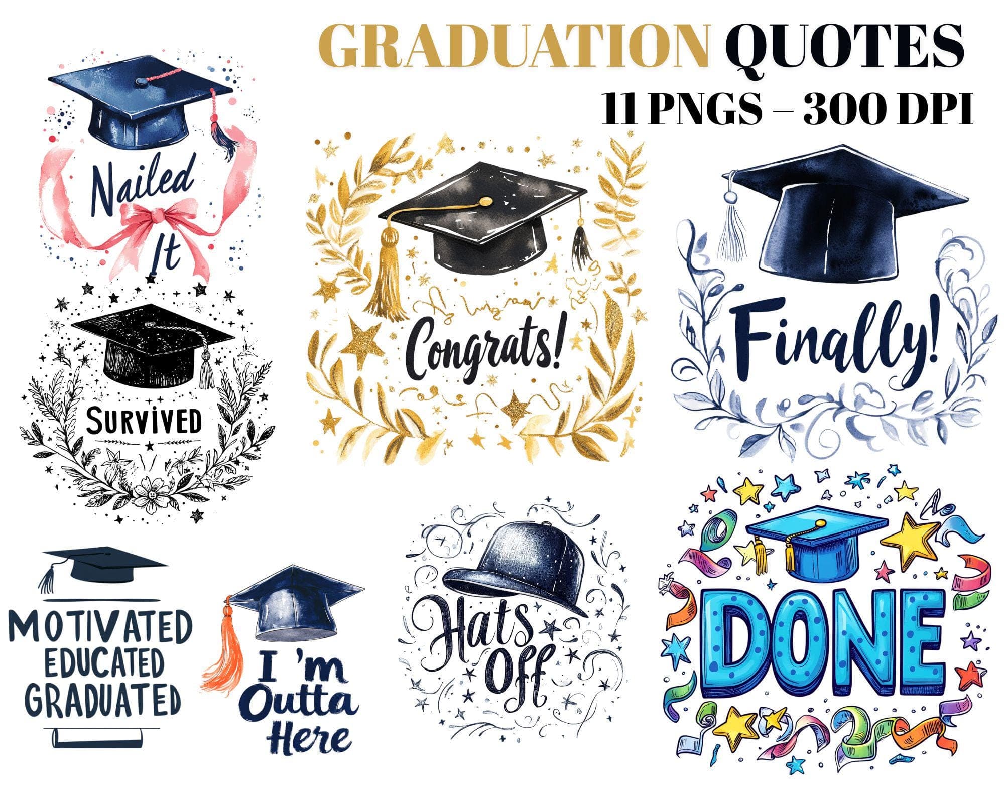Watercolor Graduation Clipart with Motivational Quotes - Student Gifts - Graduation Cap Png - Digital Download - graduation cap -senior 2025